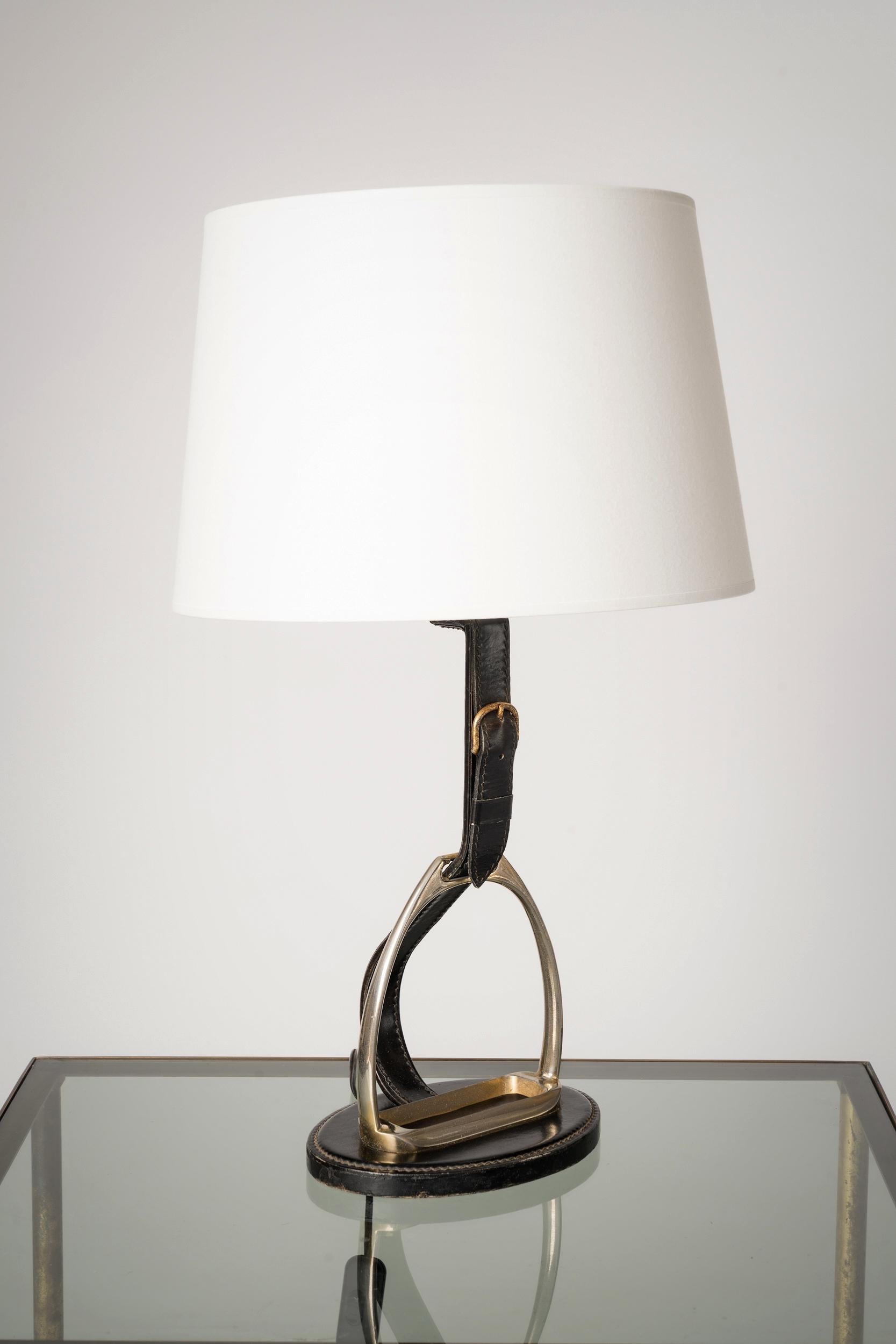 French Adnet Style Brass Horse Shoe & Black Stitched Leather Desk Lamp, France 1960's For Sale