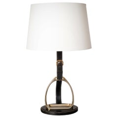 Adnet Style Brass Horse Shoe & Black Stitched Leather Desk Lamp, France 1960's