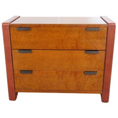 Adnet-Style Burled Walnut Chest of Drawers with Leather Trim
