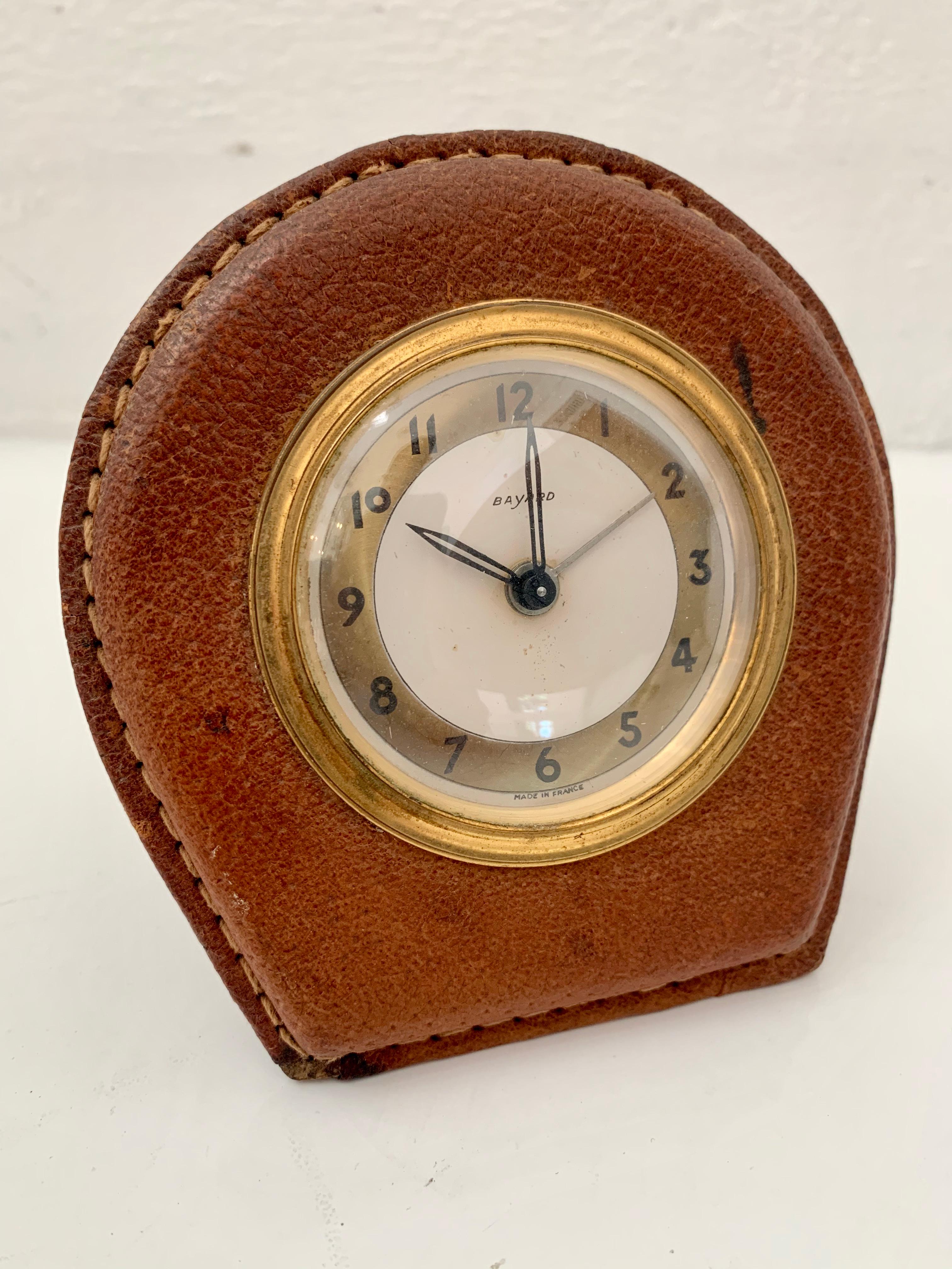 French Adnet Style Leather Alarm Clock by Bayard For Sale