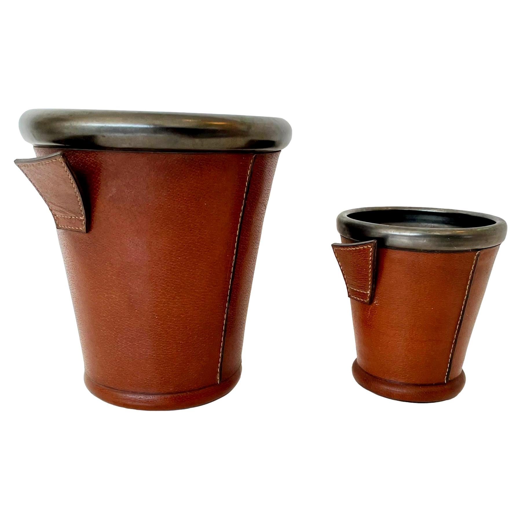 Adnet Style Leather and Ceramic Champagne Ice Bucket Set