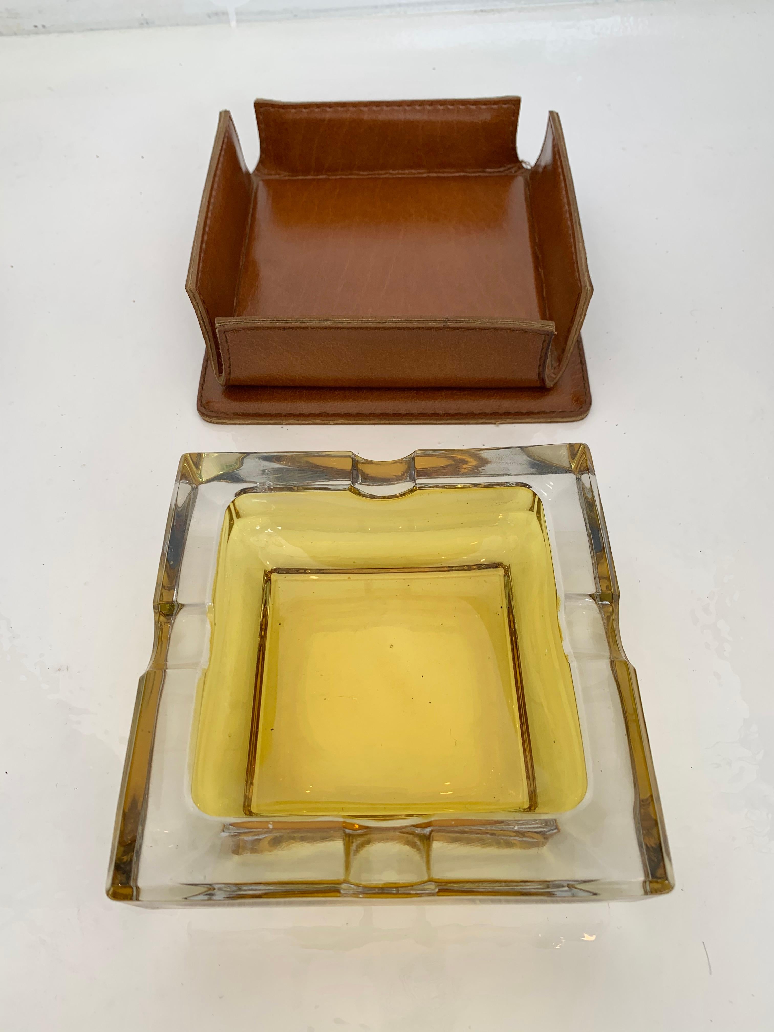 French Adnet Style Leather and Glass Ashtray / Catchall