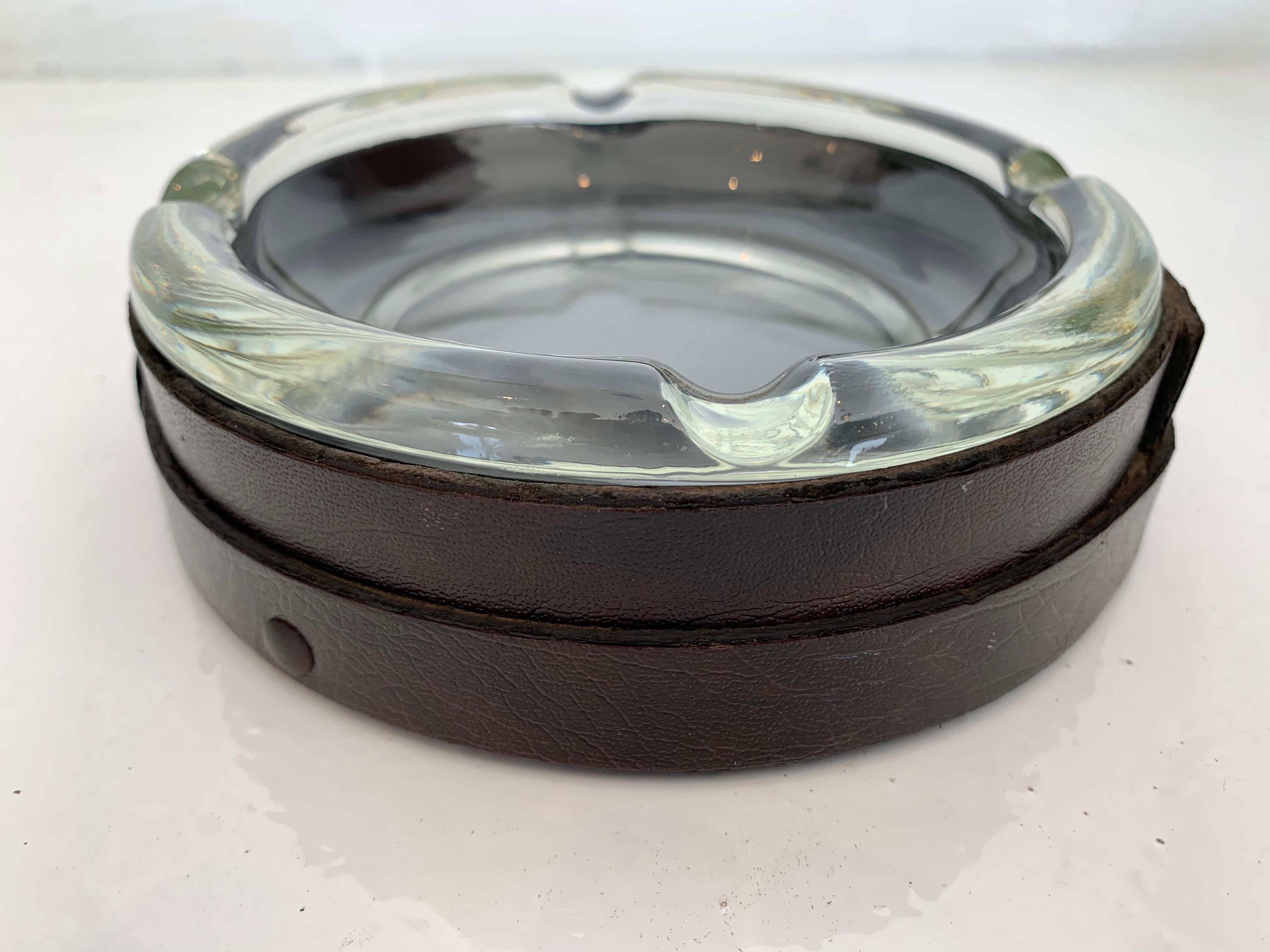 French Adnet Style Leather and Glass Ashtray / Catchall