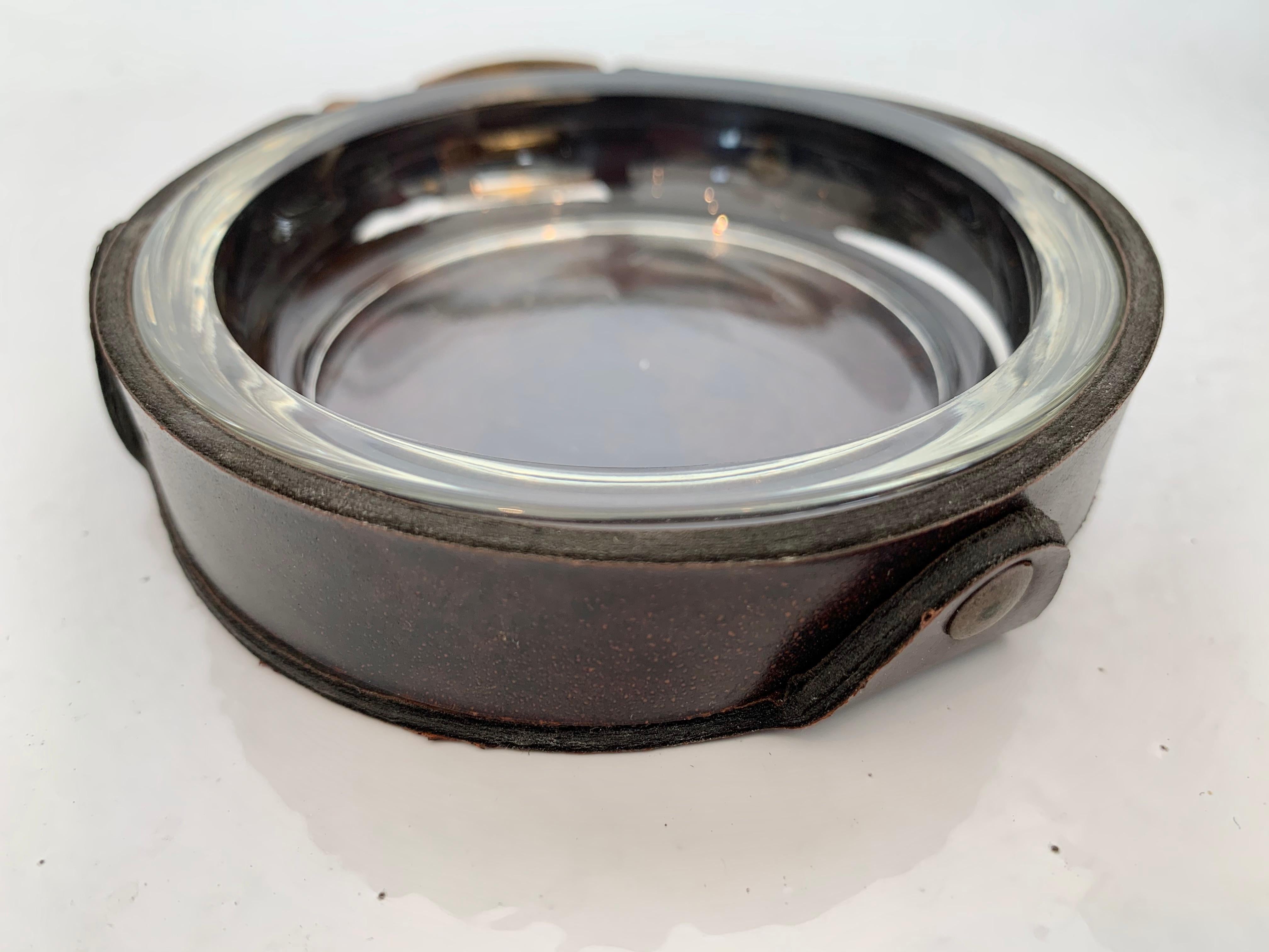 French Adnet Style Leather and Glass Ashtray / Catchall