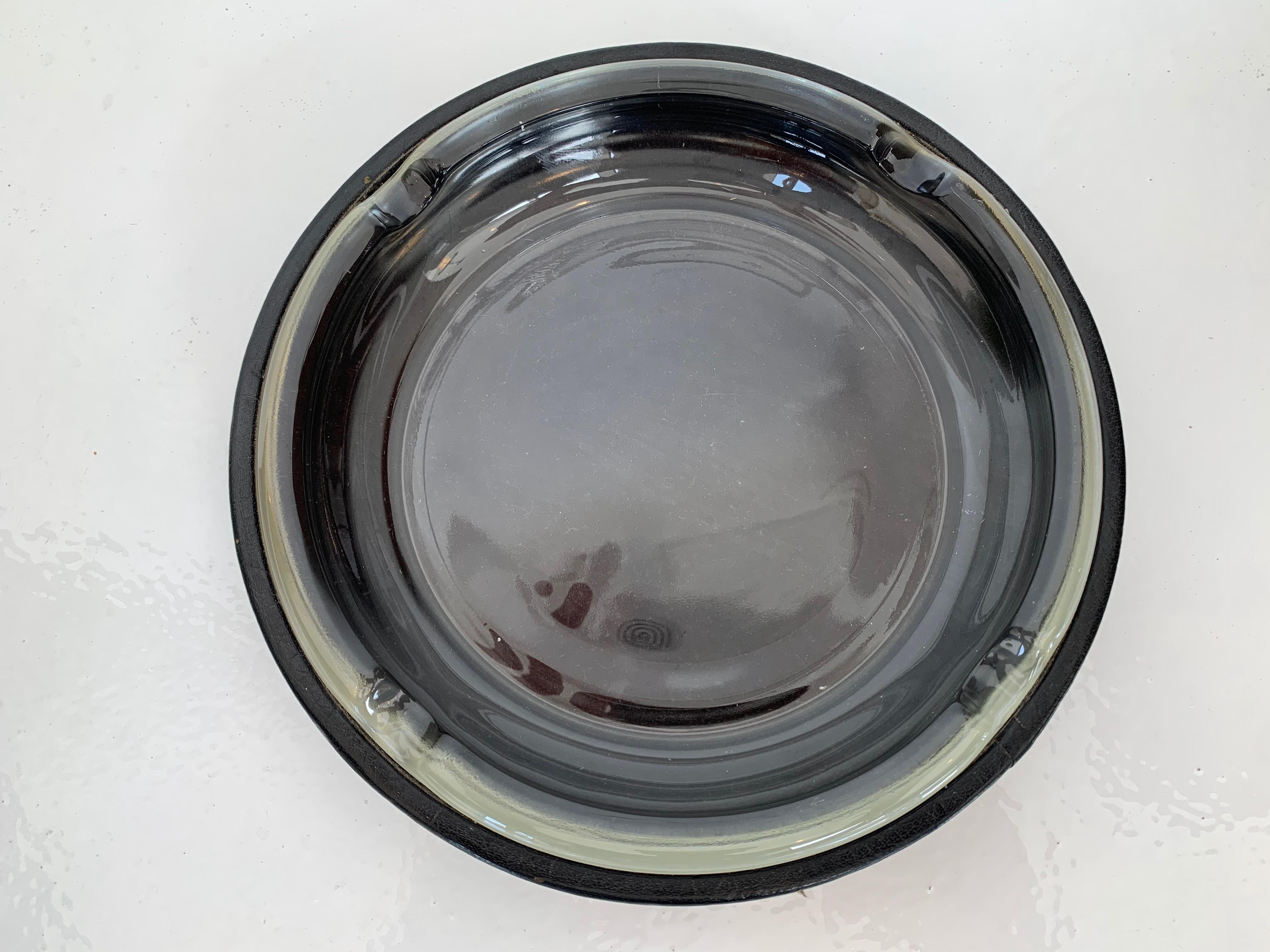 Adnet Style Leather and Glass Ashtray / Catchall In Good Condition In Los Angeles, CA