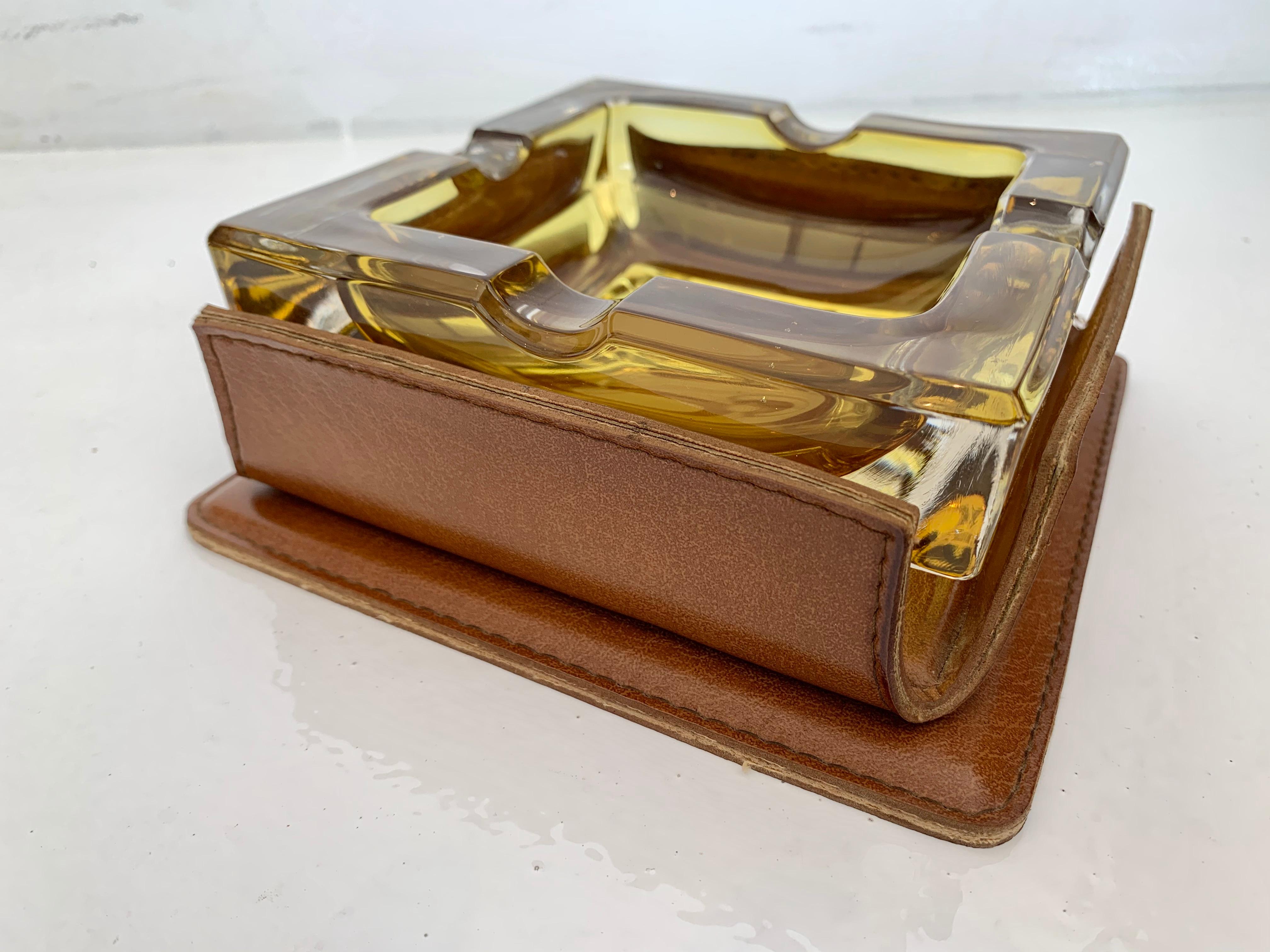 Adnet Style Leather and Glass Ashtray / Catchall In Good Condition In Los Angeles, CA