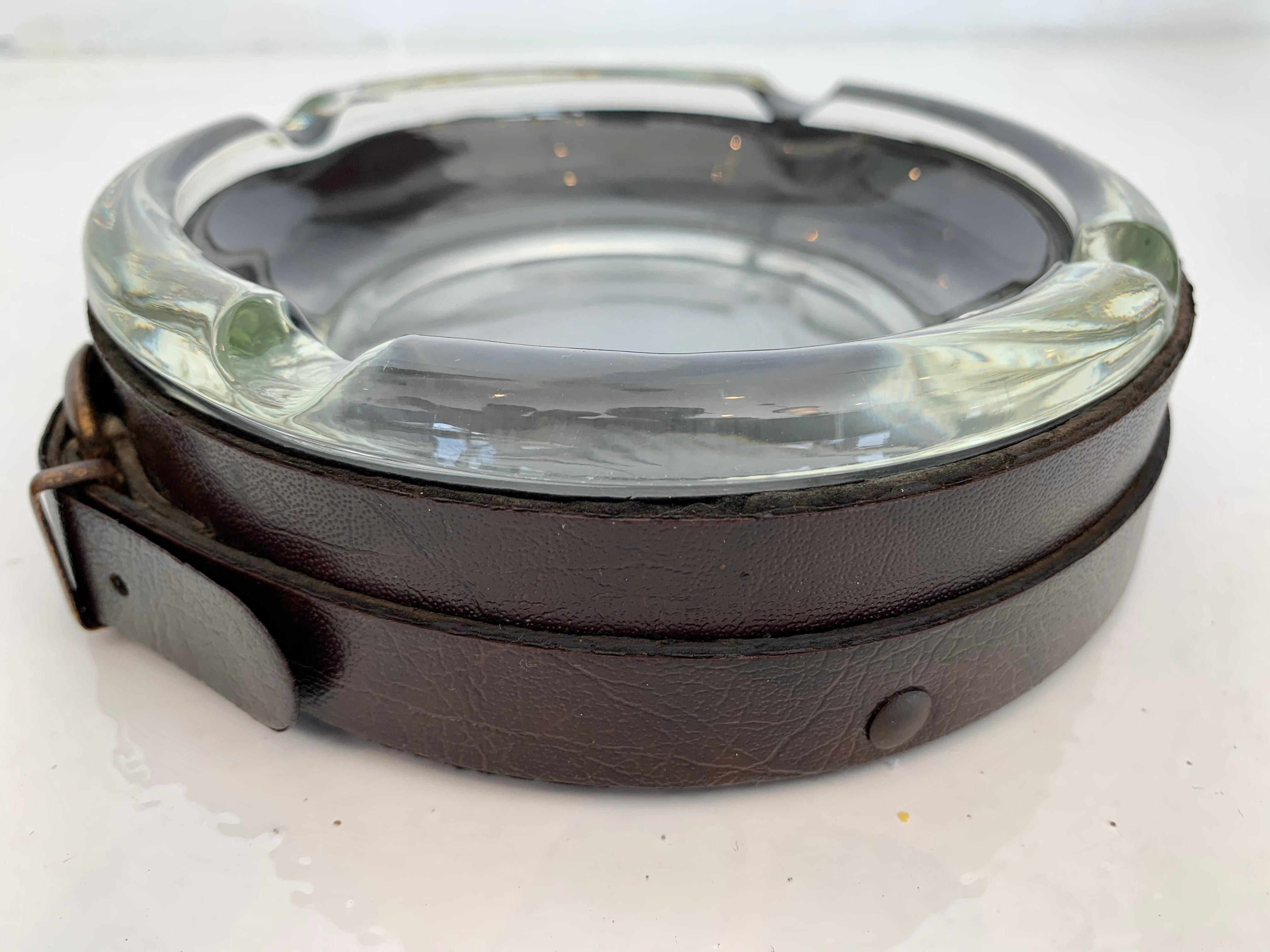 Adnet Style Leather and Glass Ashtray / Catchall In Good Condition In Los Angeles, CA