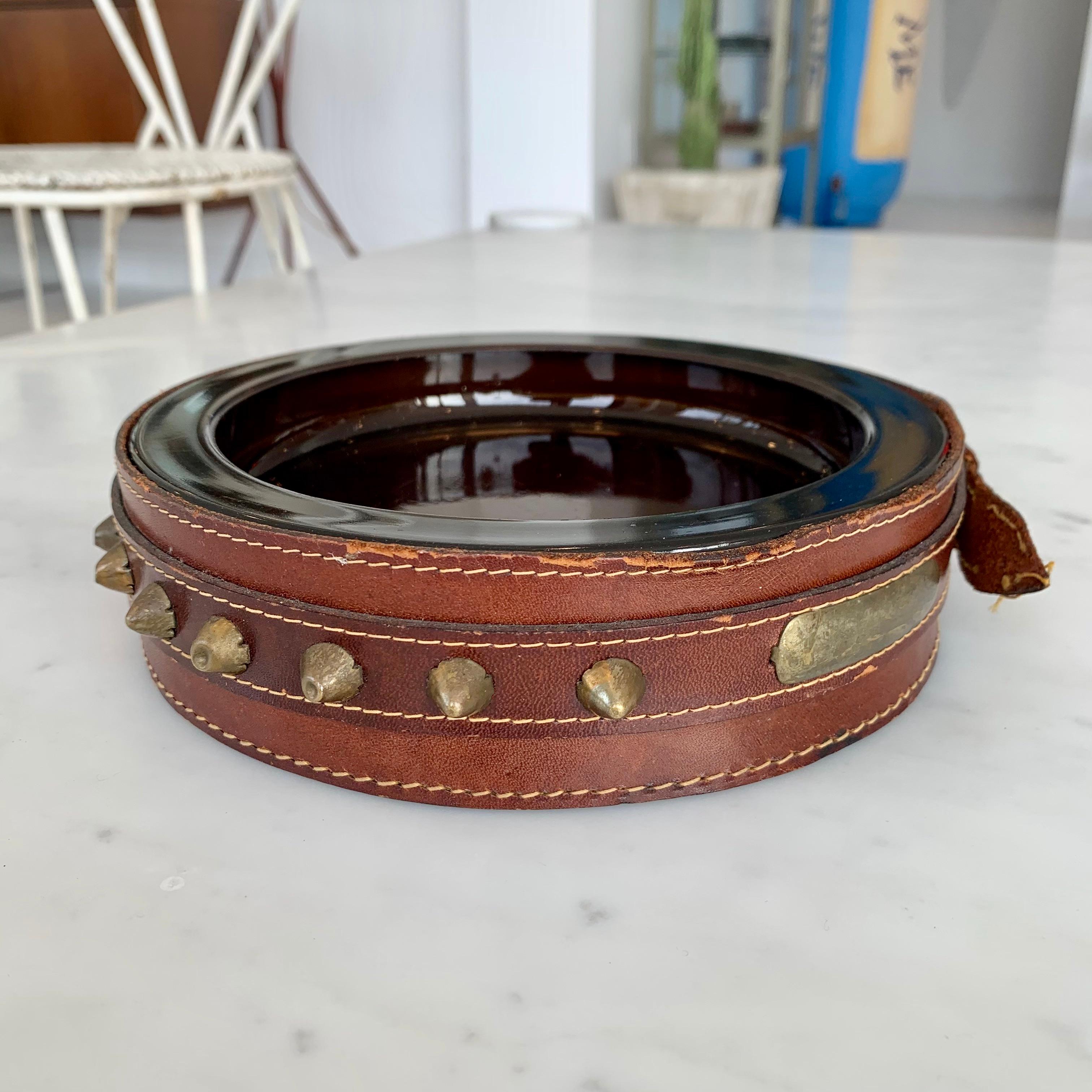 Adnet Style Leather and Glass Ashtray or Catchall In Good Condition In Los Angeles, CA