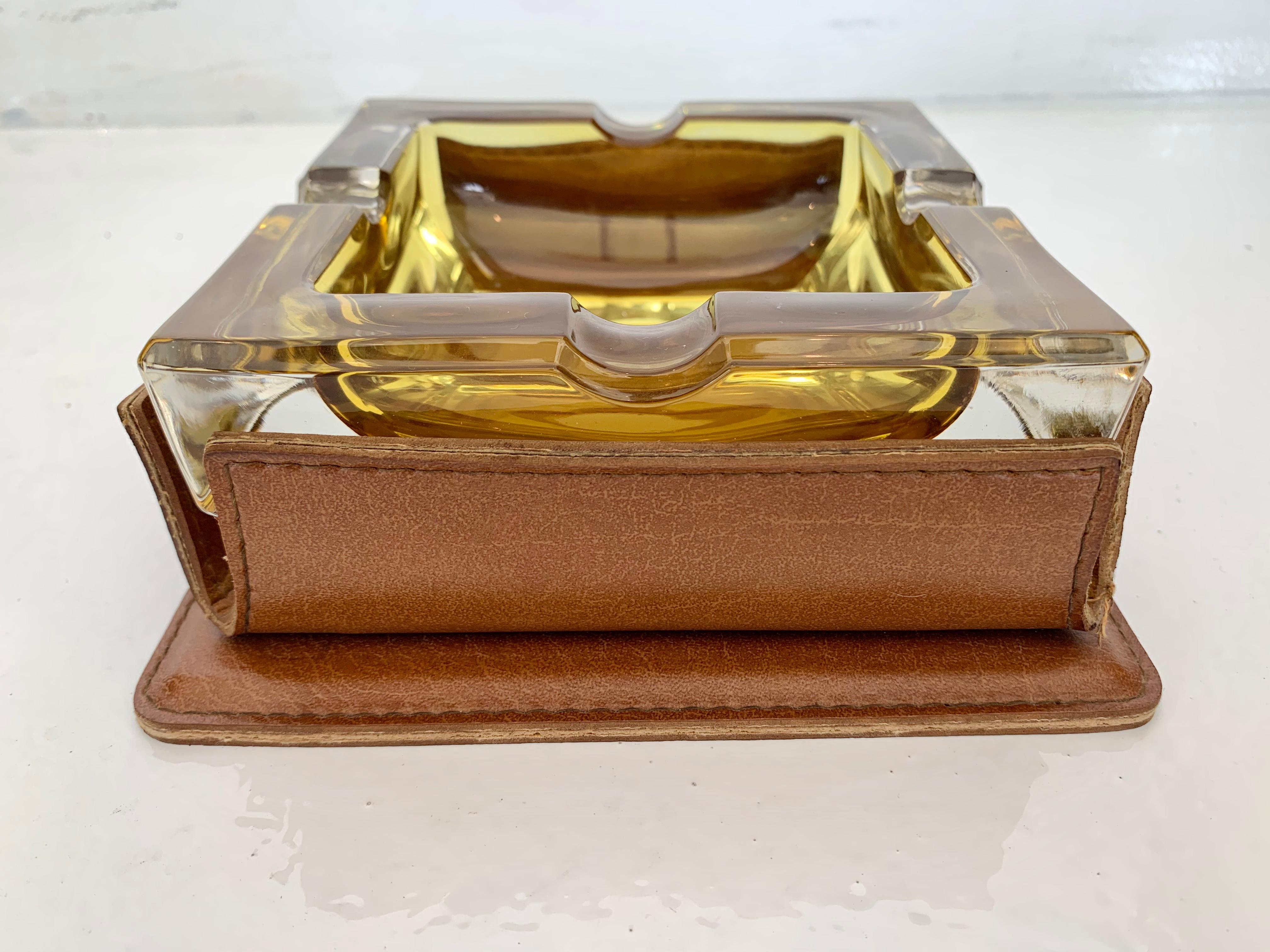 Mid-20th Century Adnet Style Leather and Glass Ashtray / Catchall