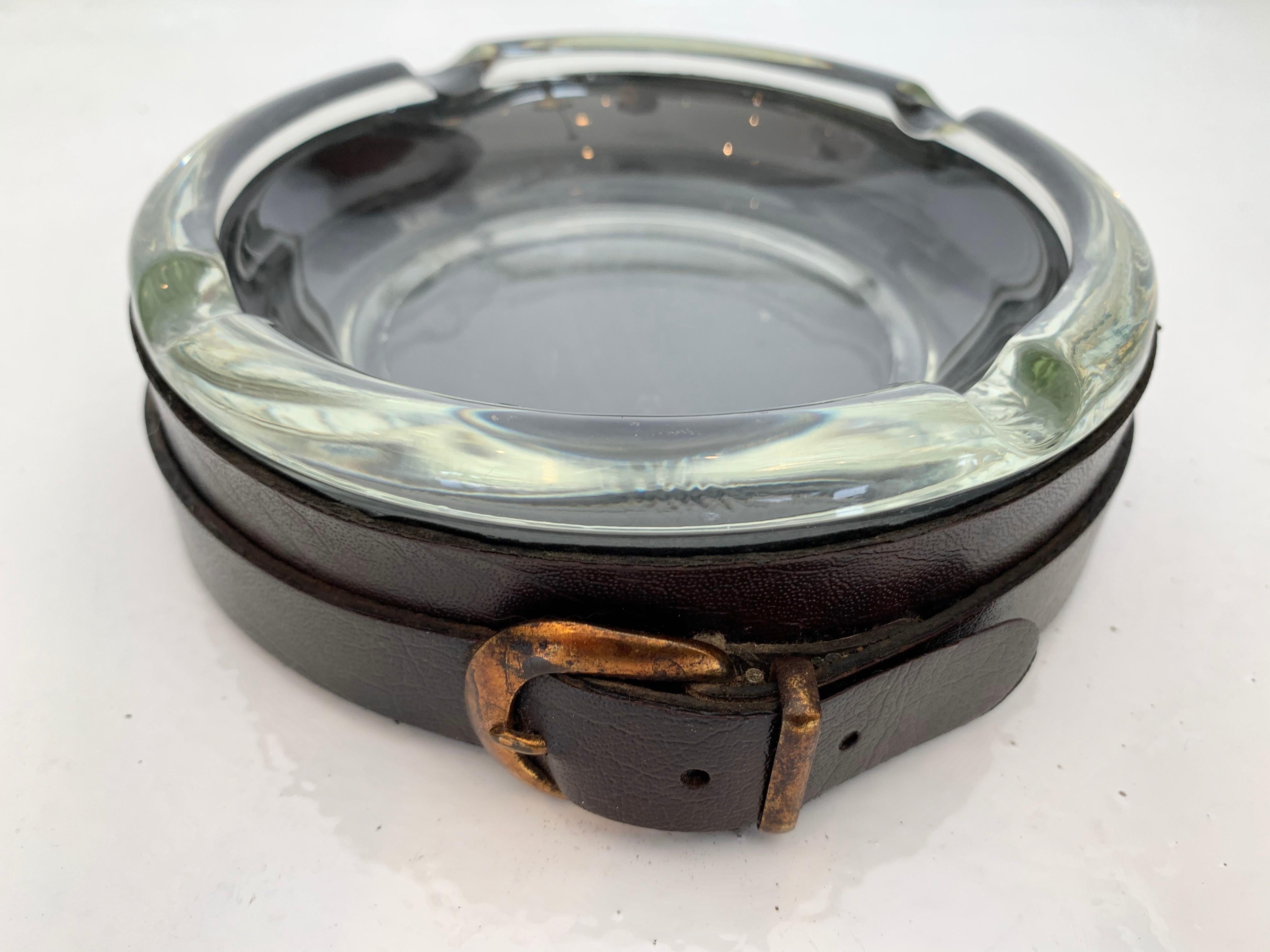 Mid-20th Century Adnet Style Leather and Glass Ashtray / Catchall