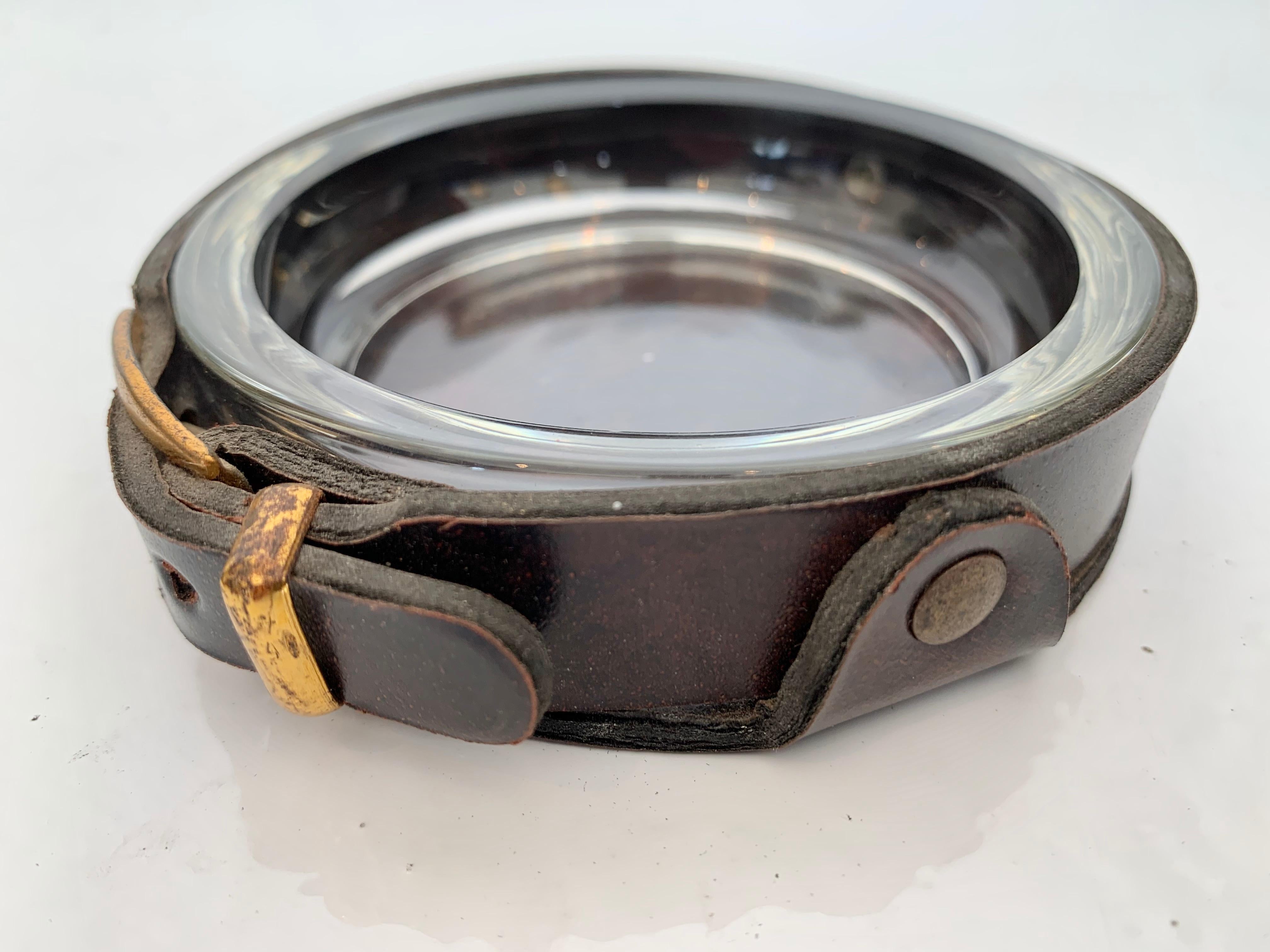 Mid-20th Century Adnet Style Leather and Glass Ashtray / Catchall