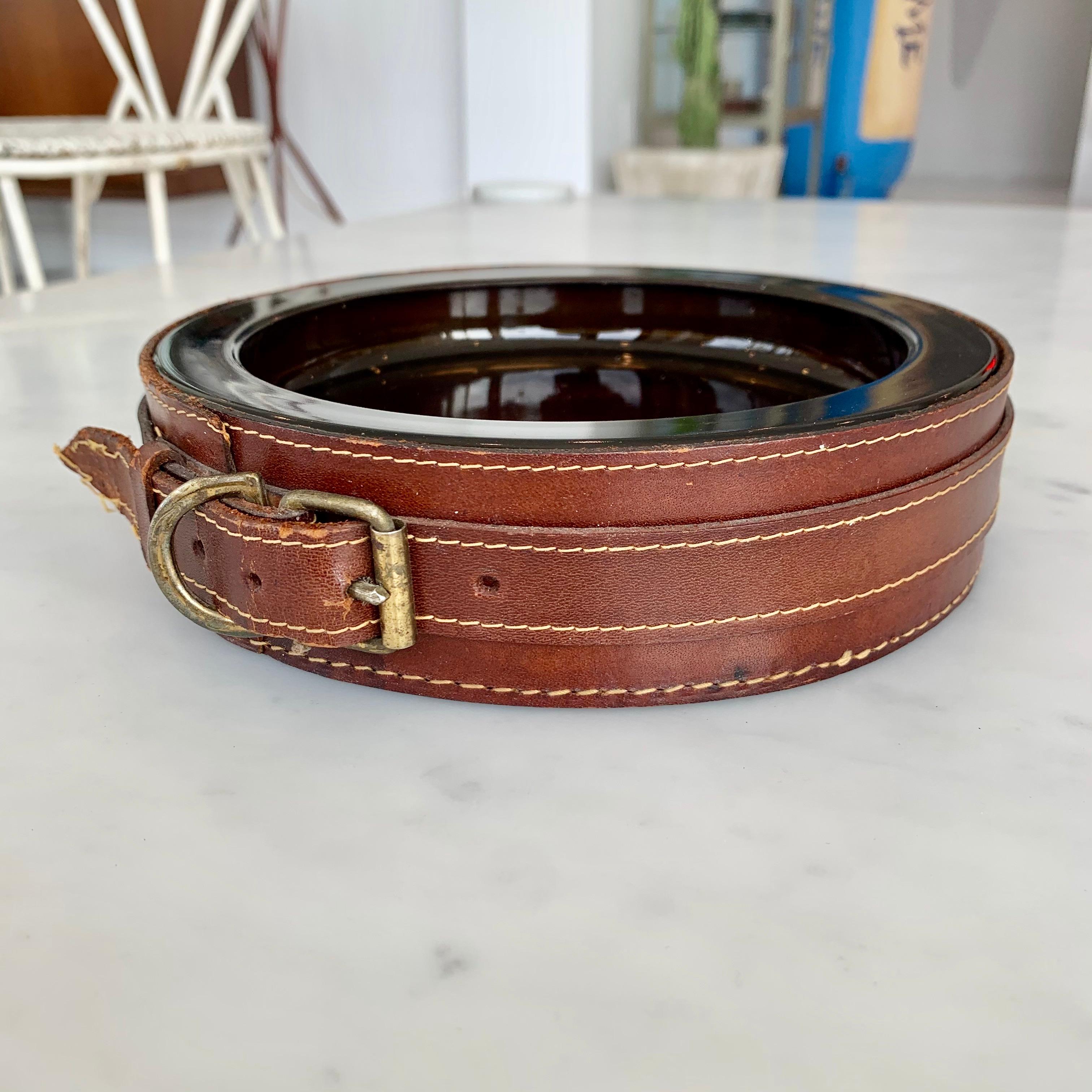 Mid-20th Century Adnet Style Leather and Glass Ashtray or Catchall