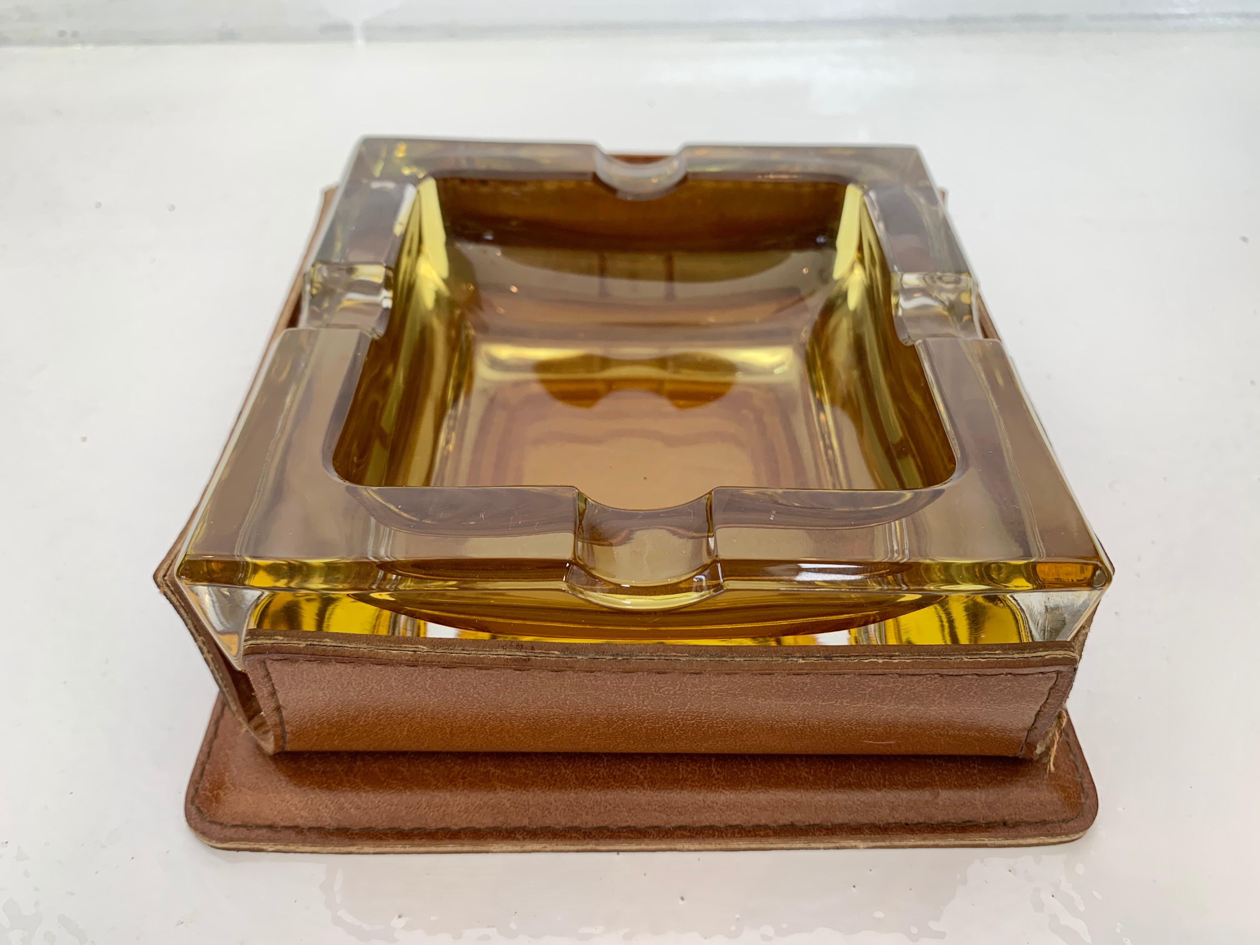 Adnet Style Leather and Glass Ashtray / Catchall 1