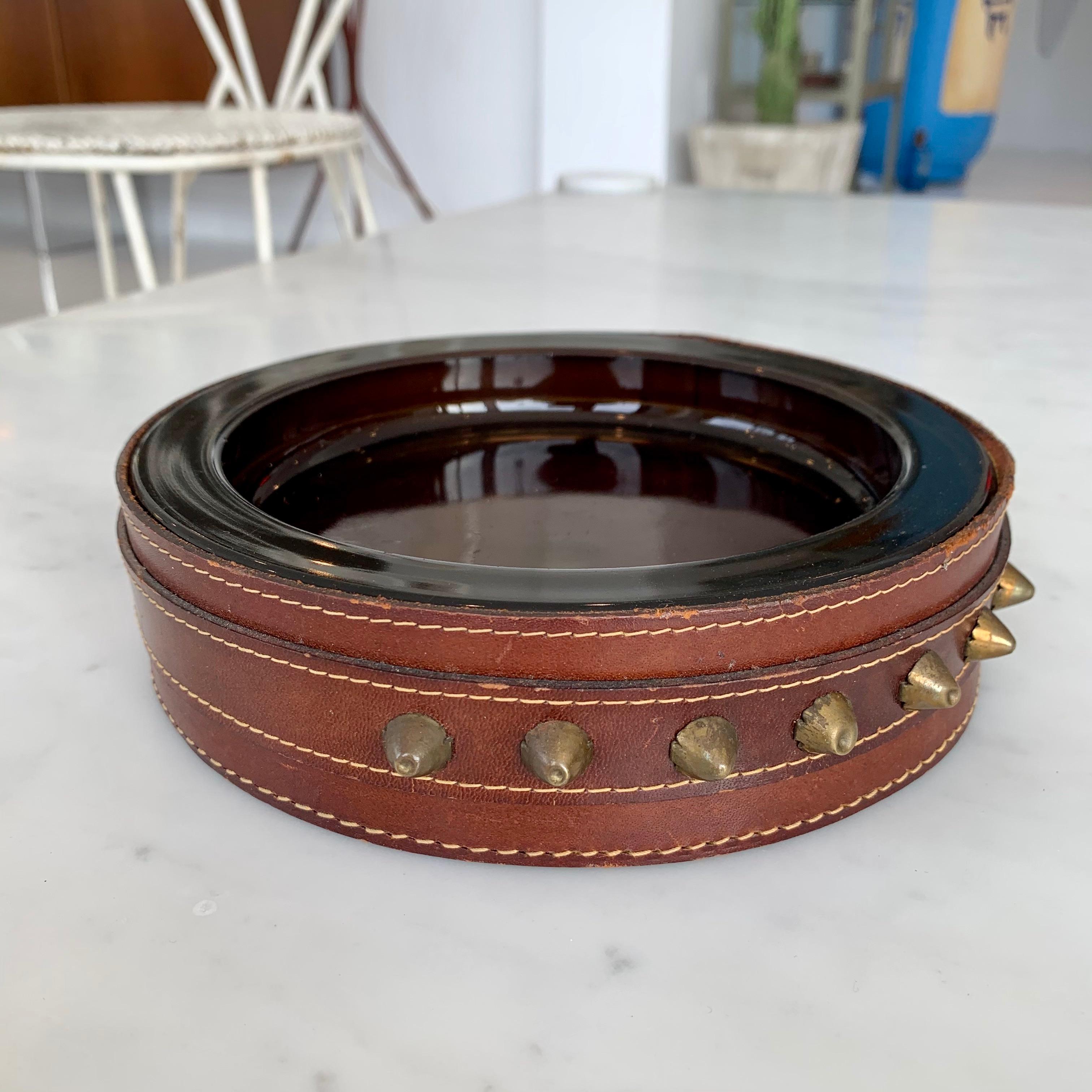 Adnet Style Leather and Glass Ashtray or Catchall 1