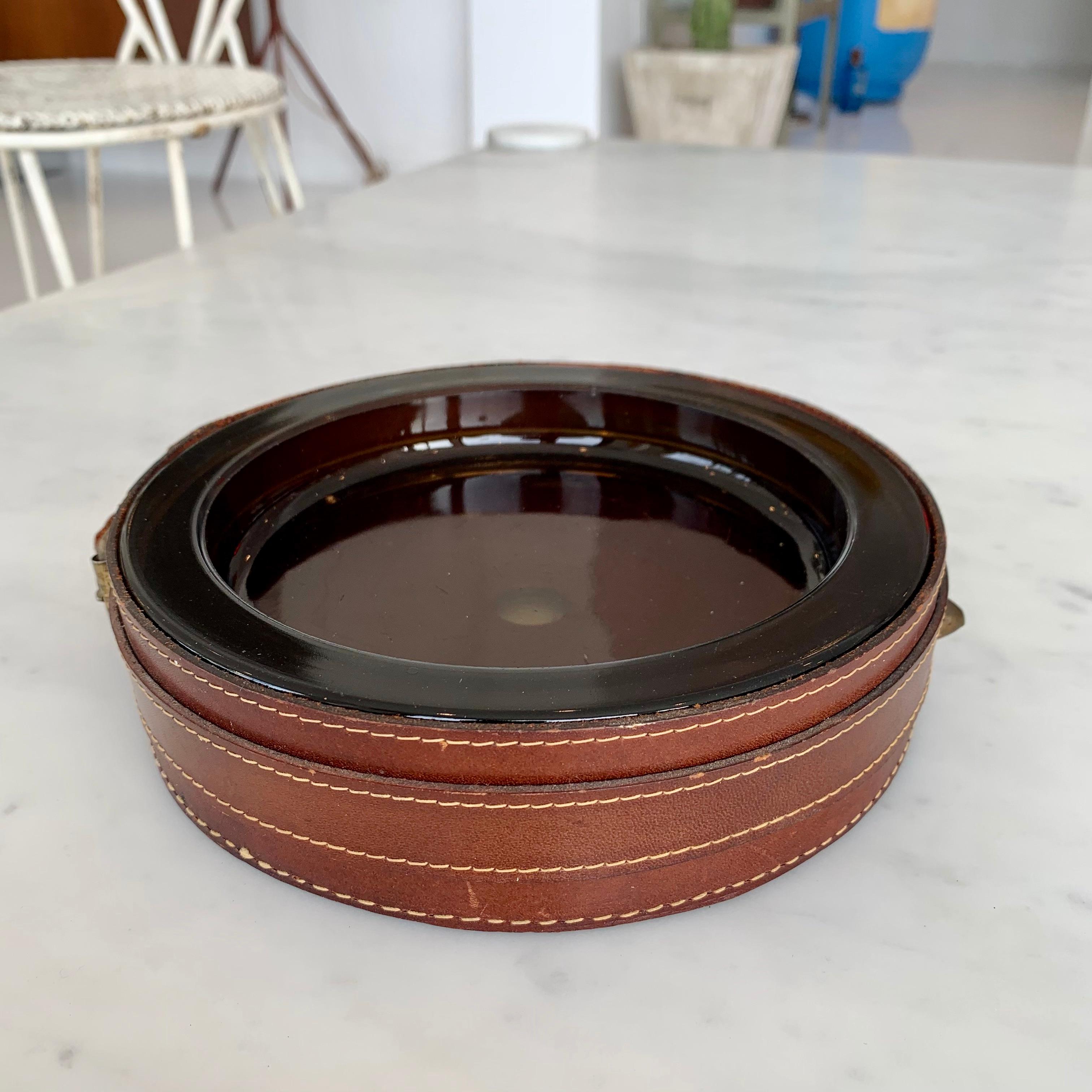 Adnet Style Leather and Glass Ashtray or Catchall 2