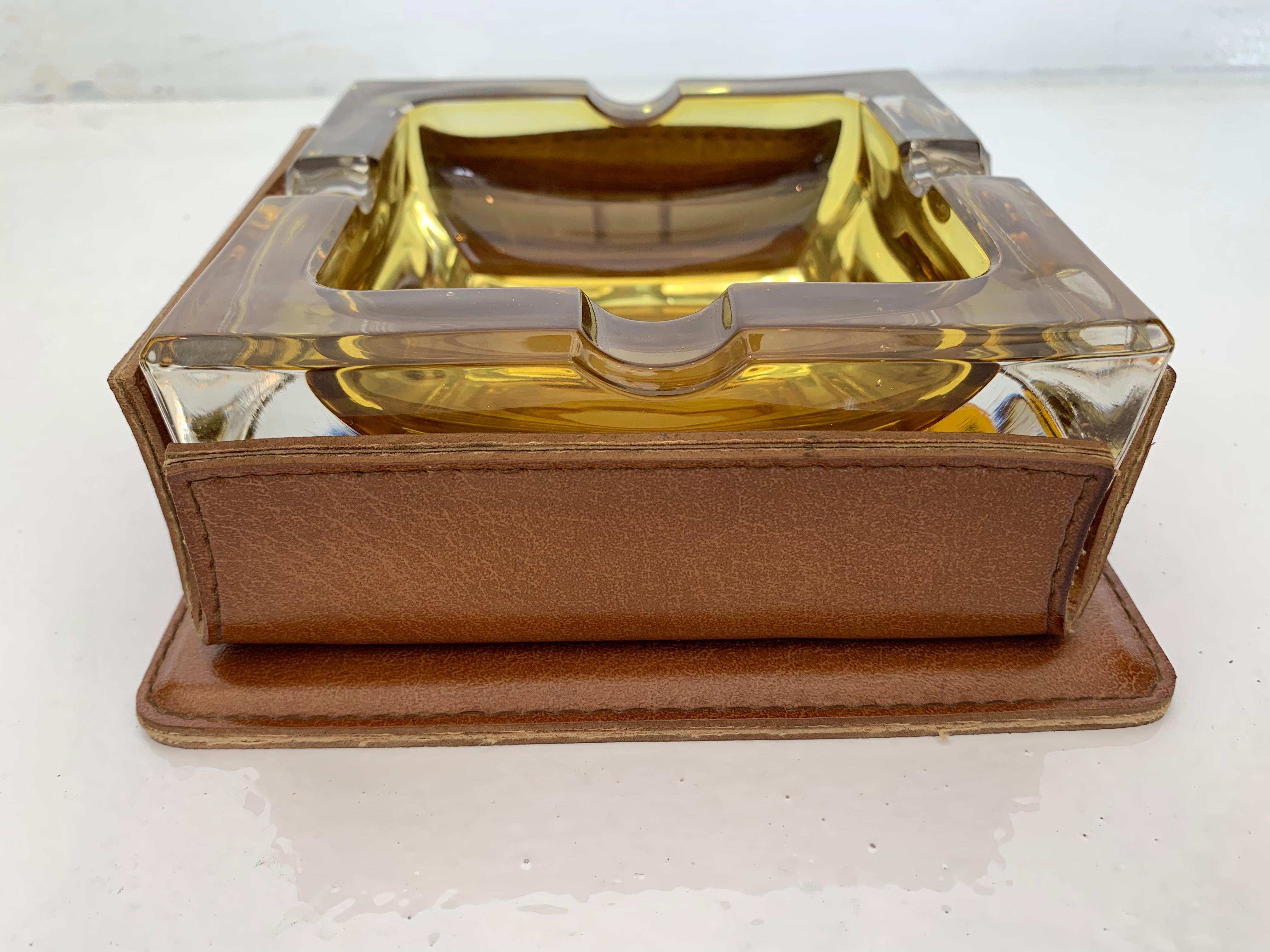 Adnet Style Leather and Glass Ashtray / Catchall 3