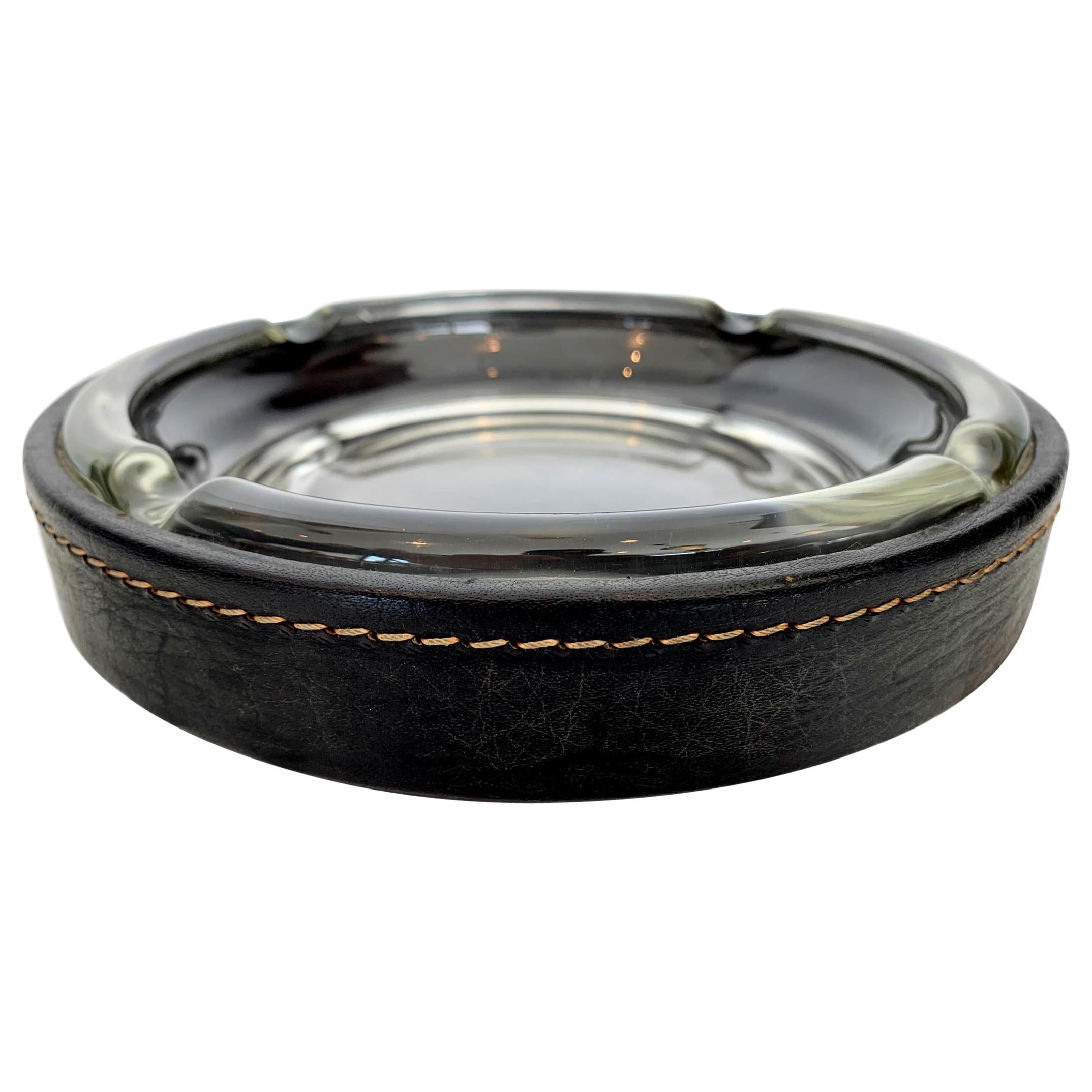 Adnet Style Leather and Glass Ashtray / Catchall