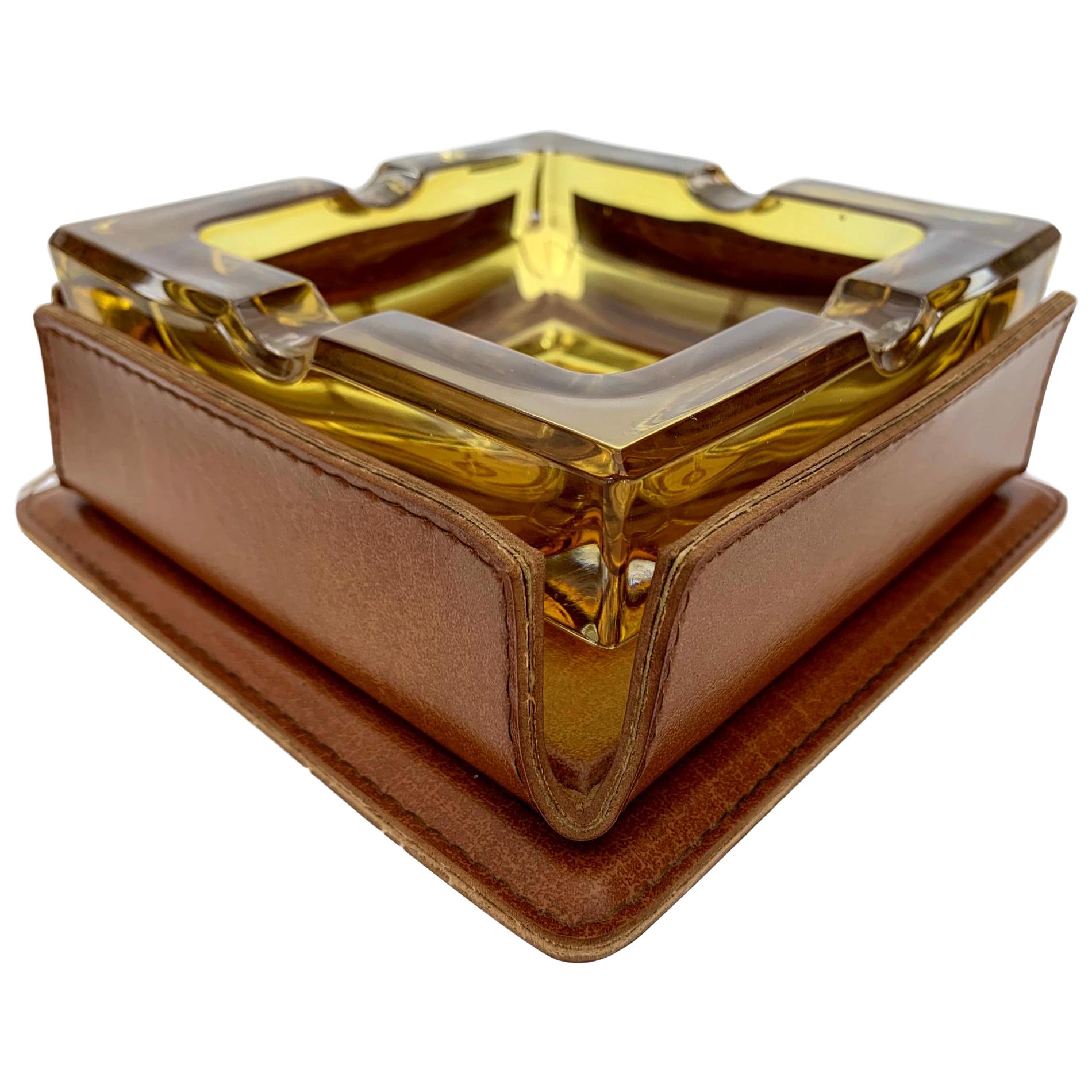 Adnet Style Leather and Glass Ashtray / Catchall