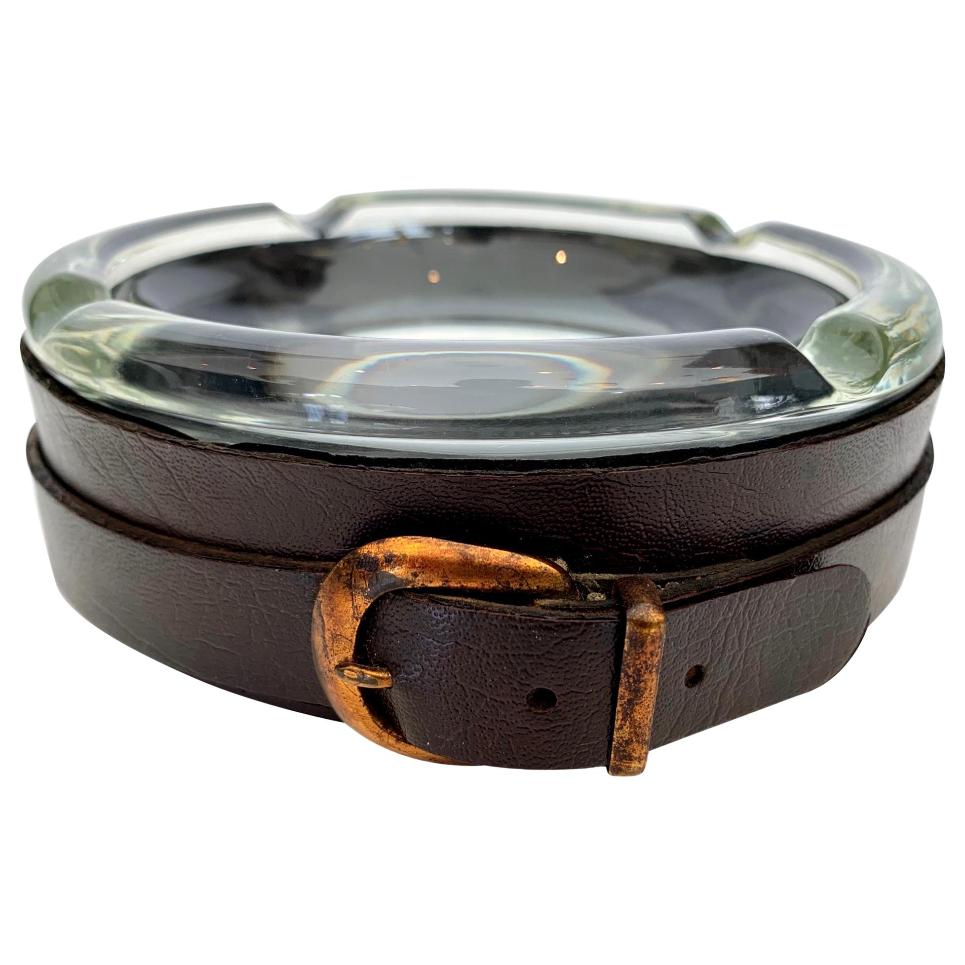 Adnet Style Leather and Glass Ashtray / Catchall