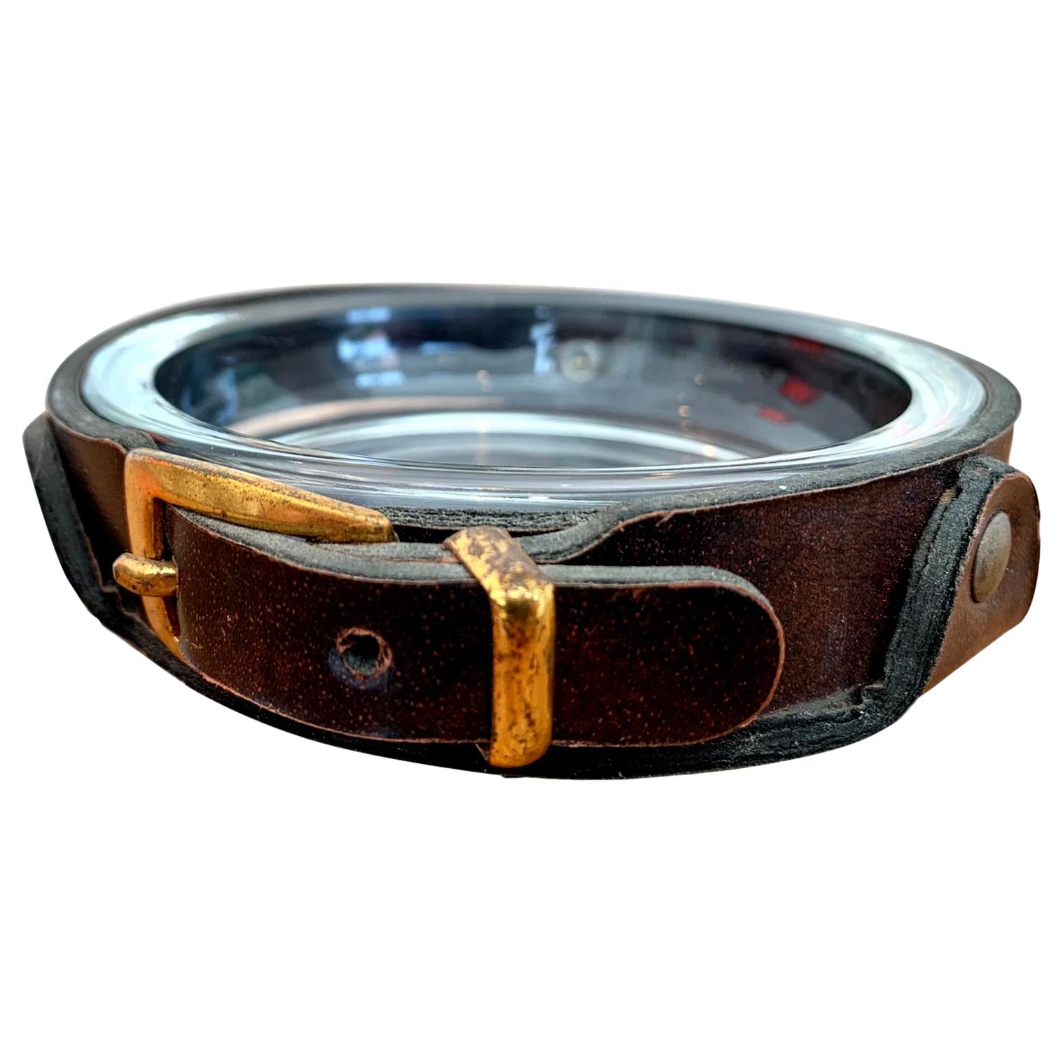 Adnet Style Leather and Glass Ashtray / Catchall