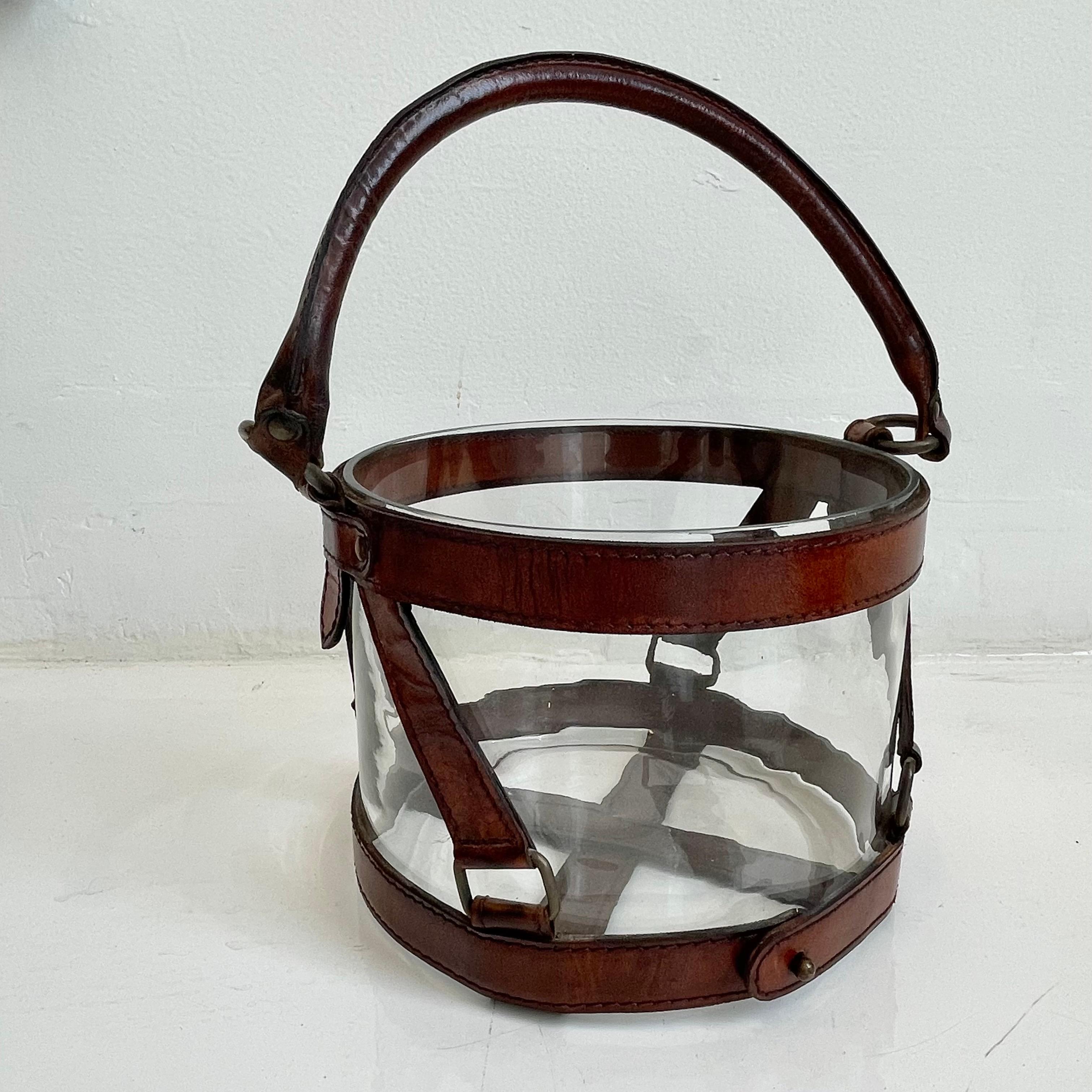 Jacques Adnet Style Leather and Glass Champagne Bucket In Good Condition In Los Angeles, CA