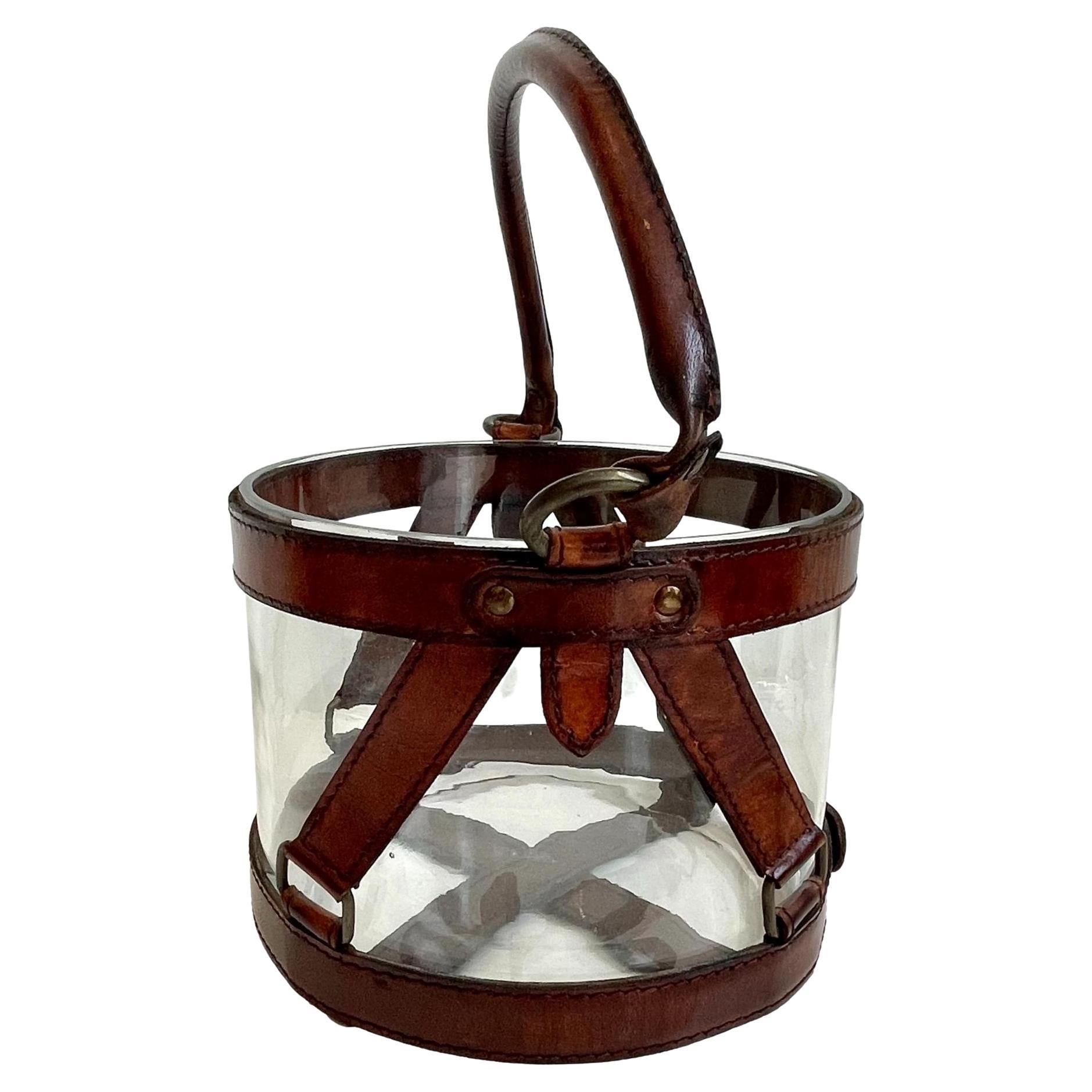 Jacques Adnet Style Leather and Glass Champagne Bucket