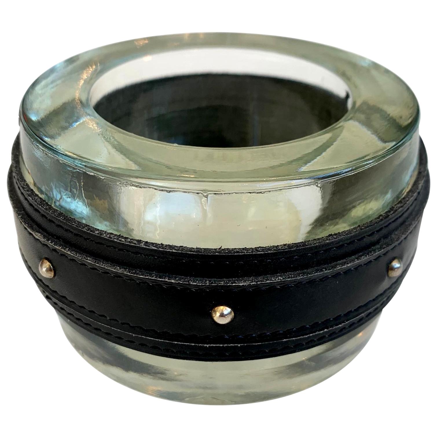 Adnet Style Leather and Glass Studded Ashtray