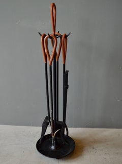 Adnet Style Leather and Iron Fireplace Set