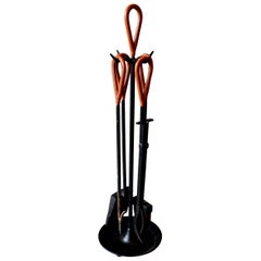 Adnet Style Leather and Iron Fireplace Set