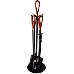 Adnet Style Leather and Iron Fireplace Set