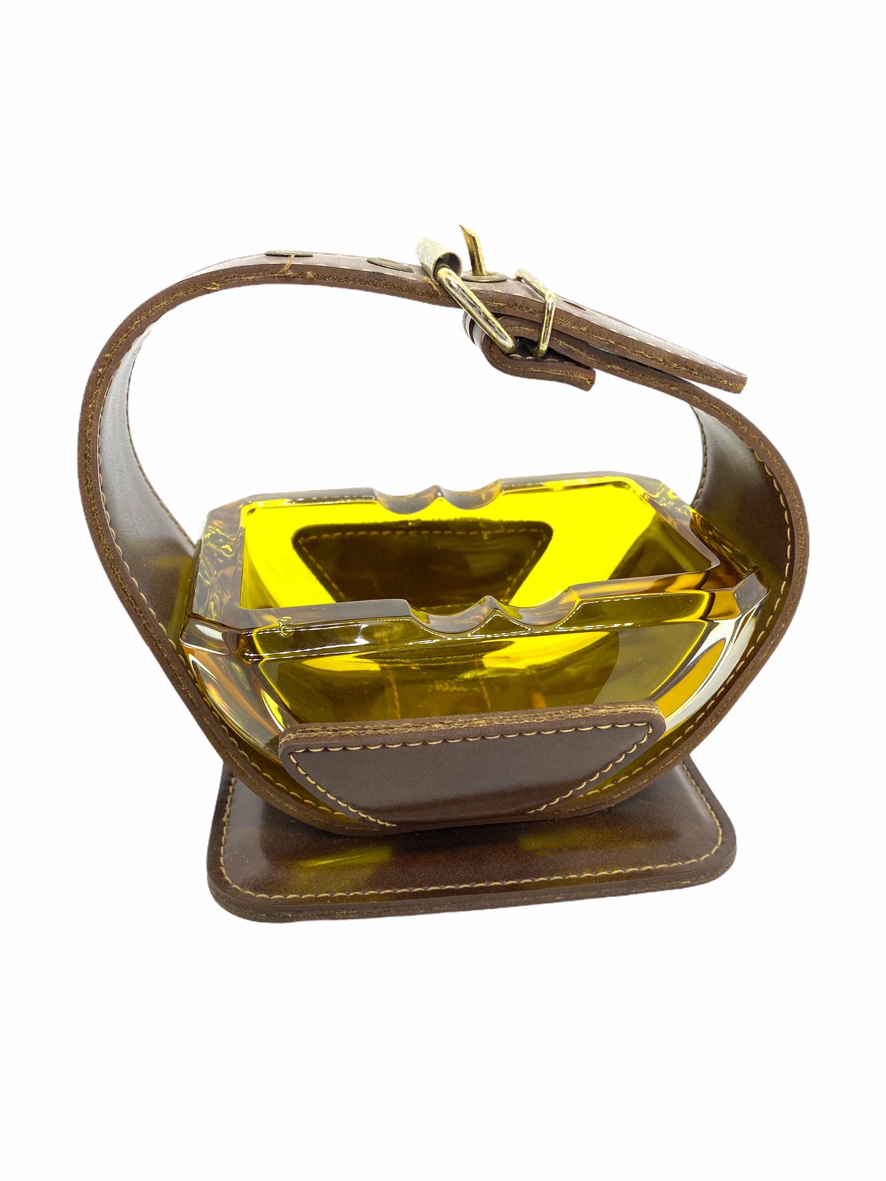 Mid-Century Modern Adnet Style Leatherette and Glass Ashtray Catchall Vintage For Sale