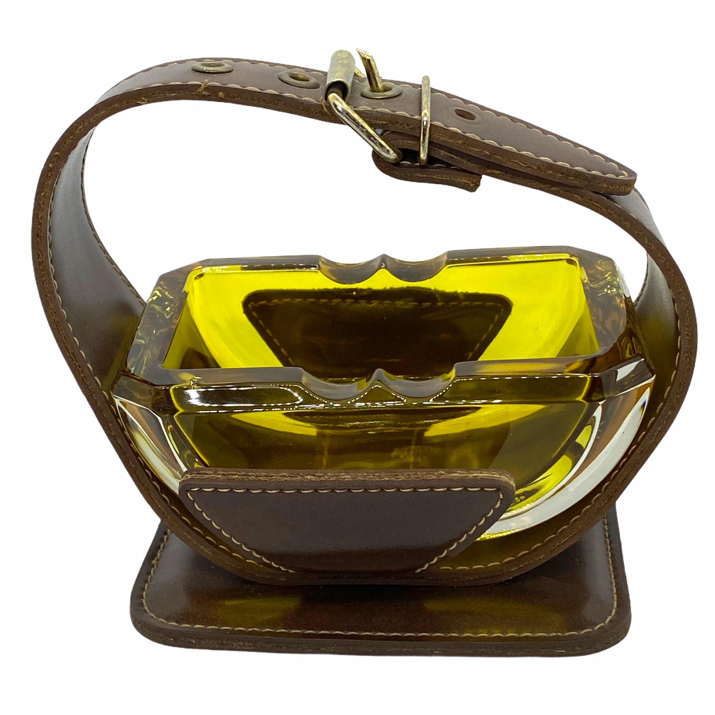 Mid-20th Century Adnet Style Leatherette and Glass Ashtray Catchall Vintage For Sale