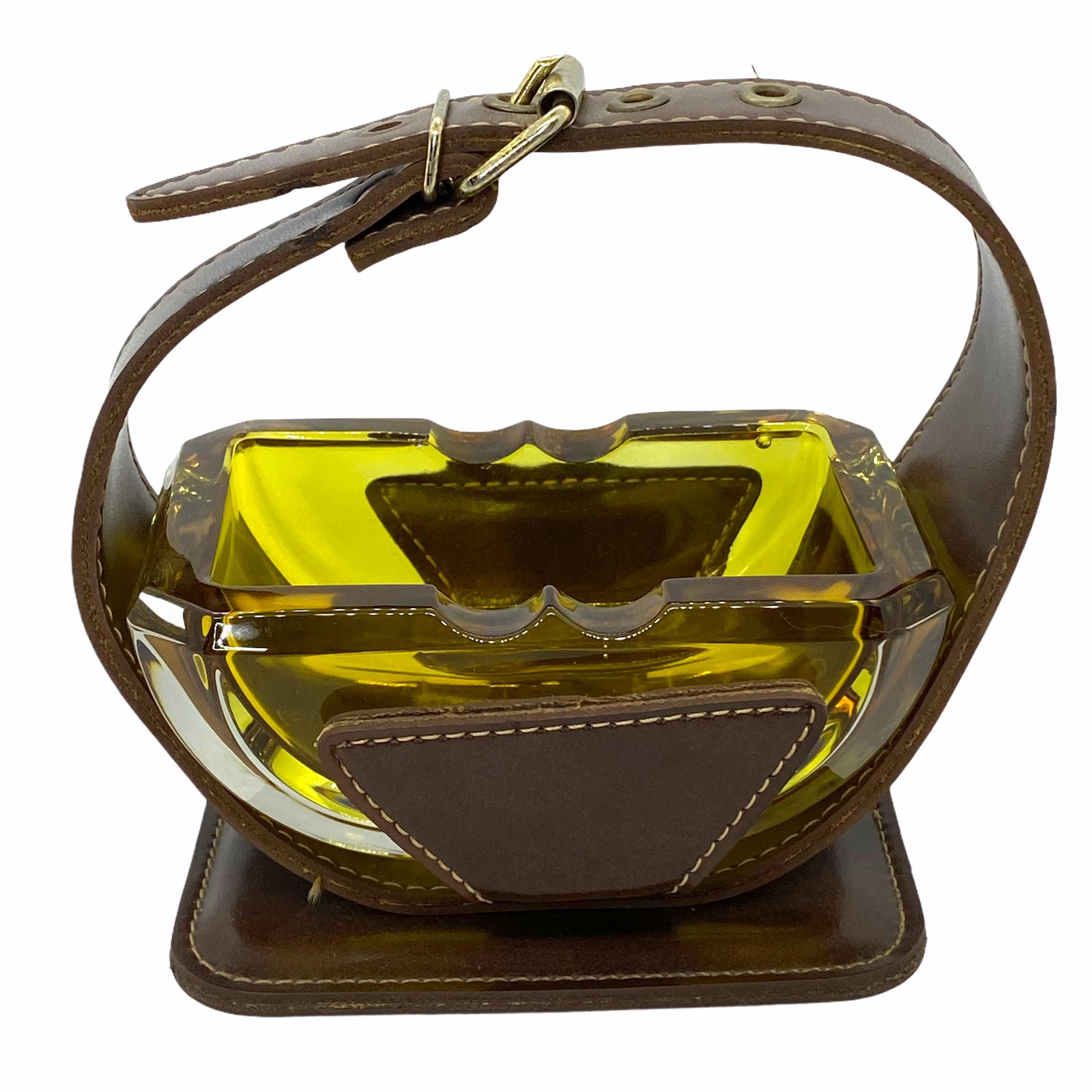 Adnet Style Leatherette and Glass Ashtray Catchall Vintage For Sale 1