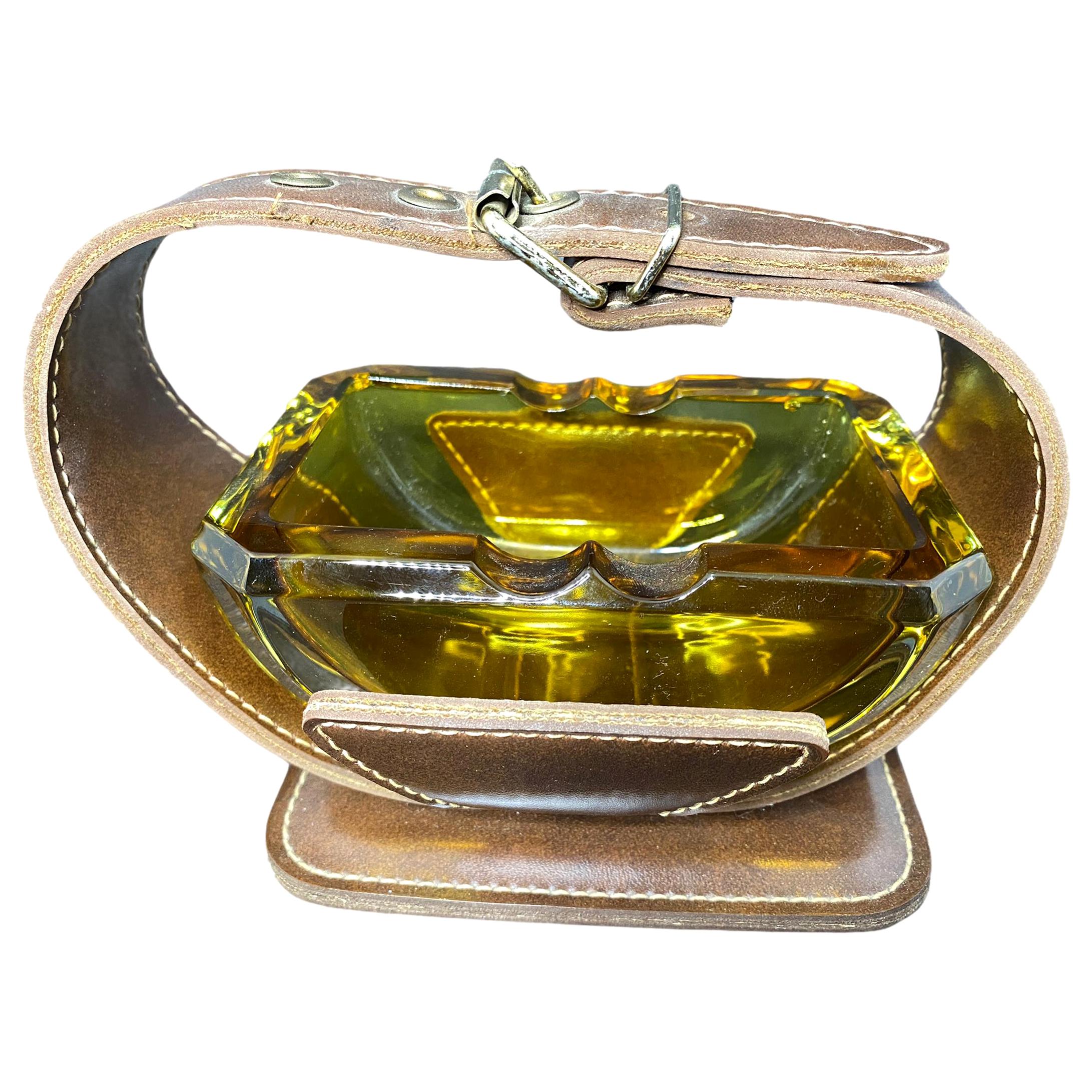 Adnet Style Leatherette and Glass Ashtray Catchall Vintage For Sale