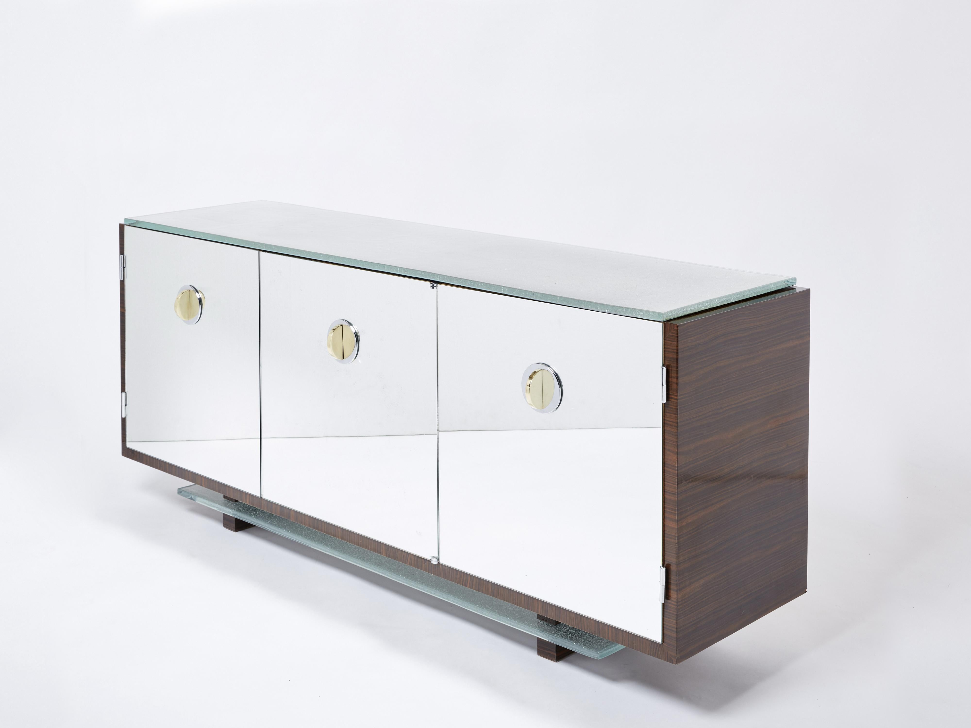 Mid-Century Modern Adnet Style Mirrored Macassar Sycamore Sideboard Alberto Pinto 1990 For Sale