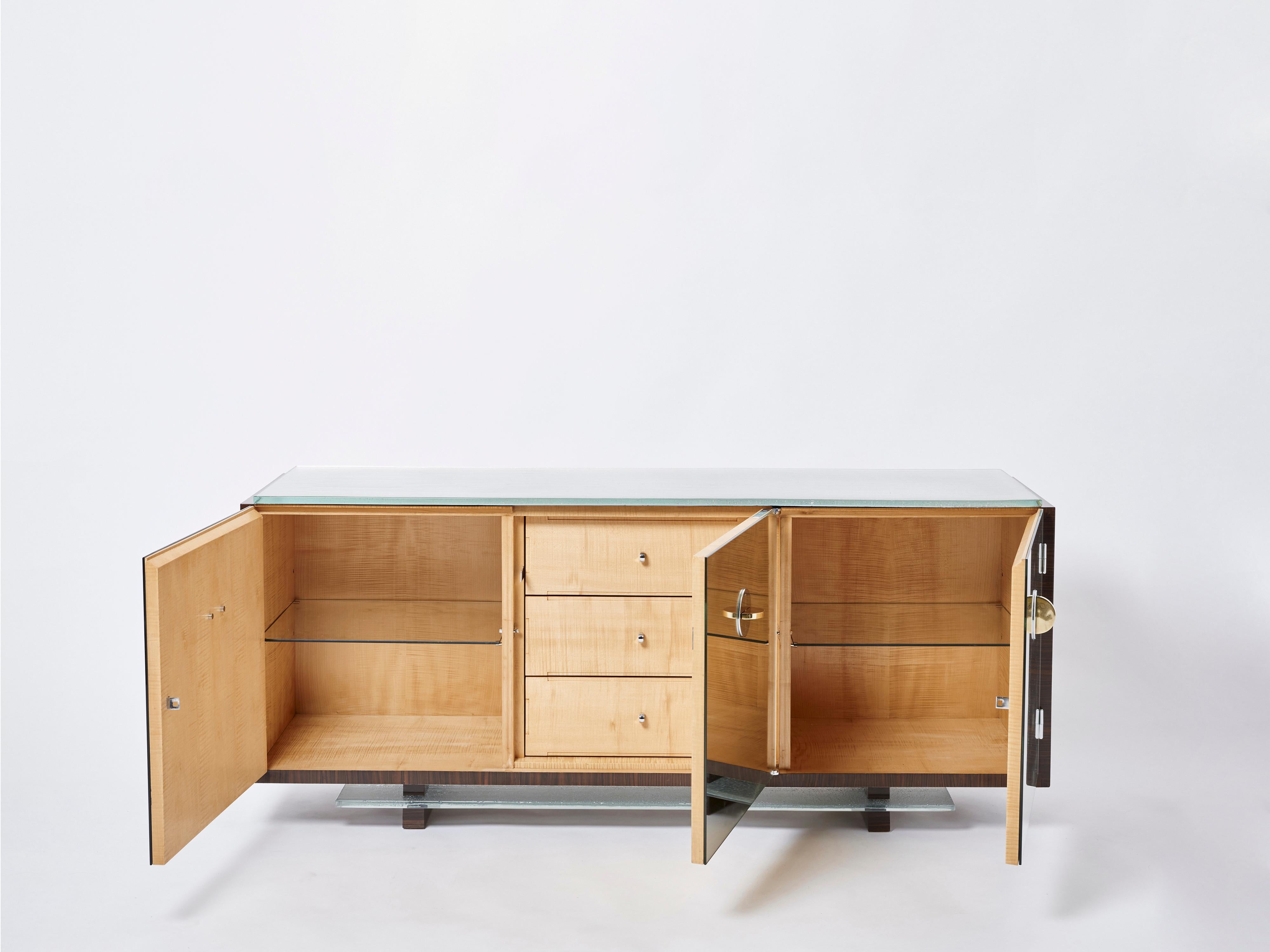 French Adnet Style Mirrored Macassar Sycamore Sideboard Alberto Pinto 1990 For Sale