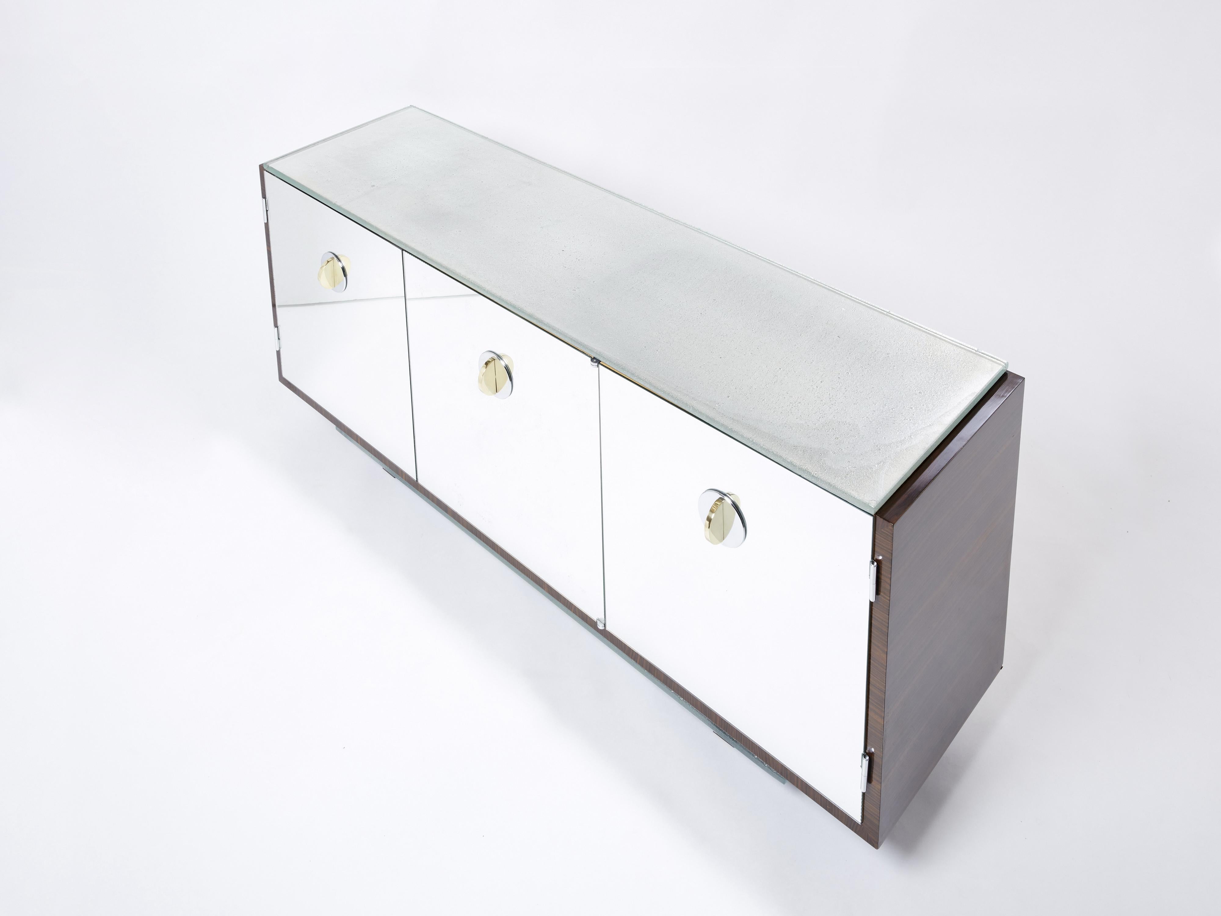 Brass Adnet Style Mirrored Macassar Sycamore Sideboard Alberto Pinto 1990 For Sale