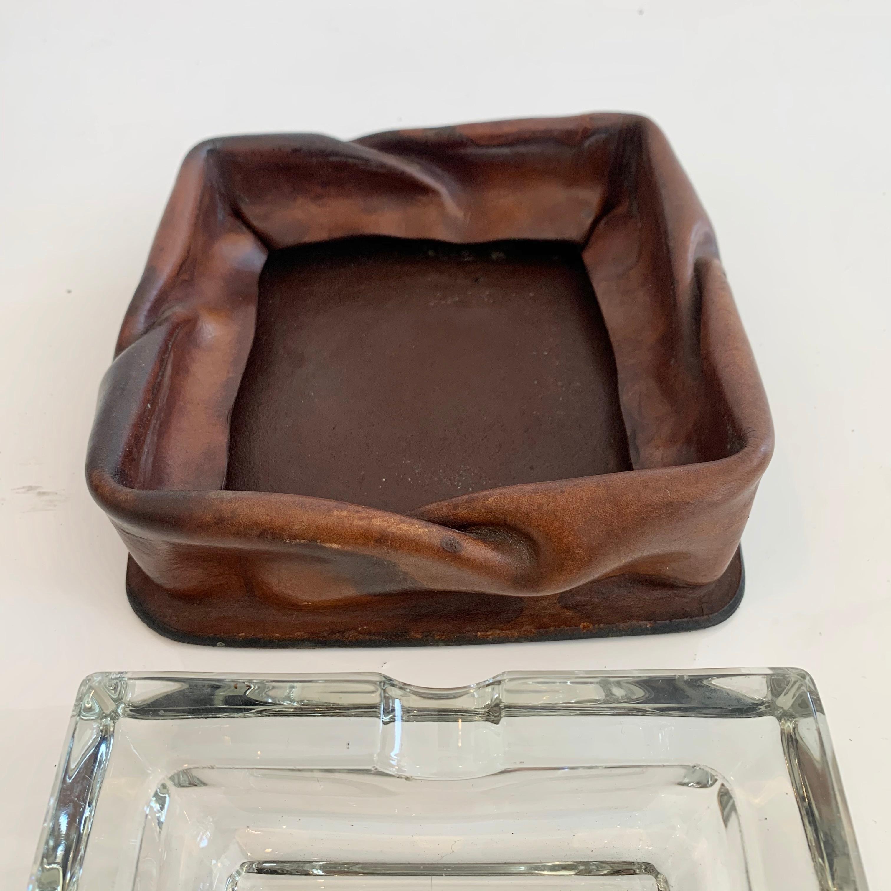 French Adnet Style Rouched Leather and Glass Ashtray For Sale