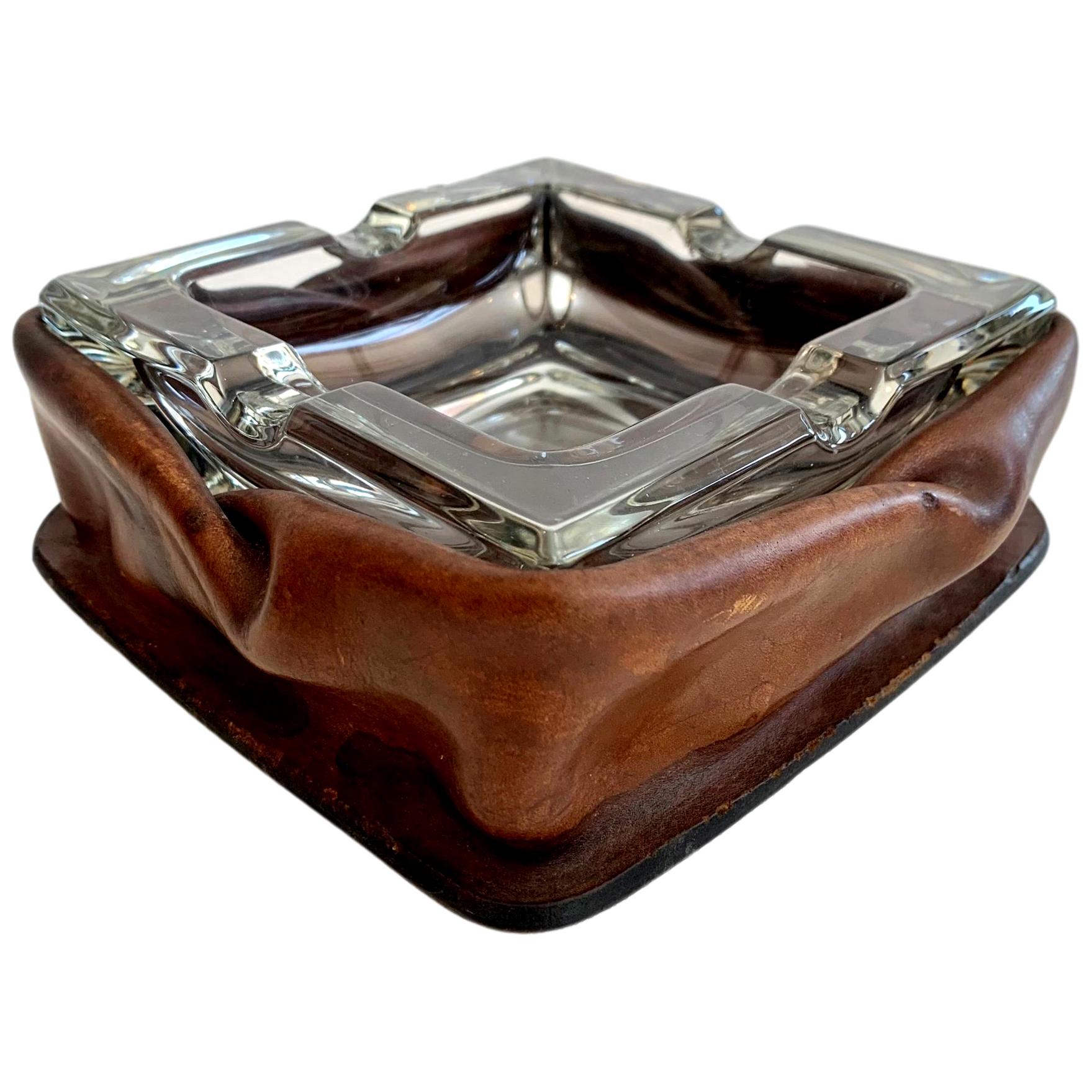 Adnet Style Rouched Leather and Glass Ashtray For Sale