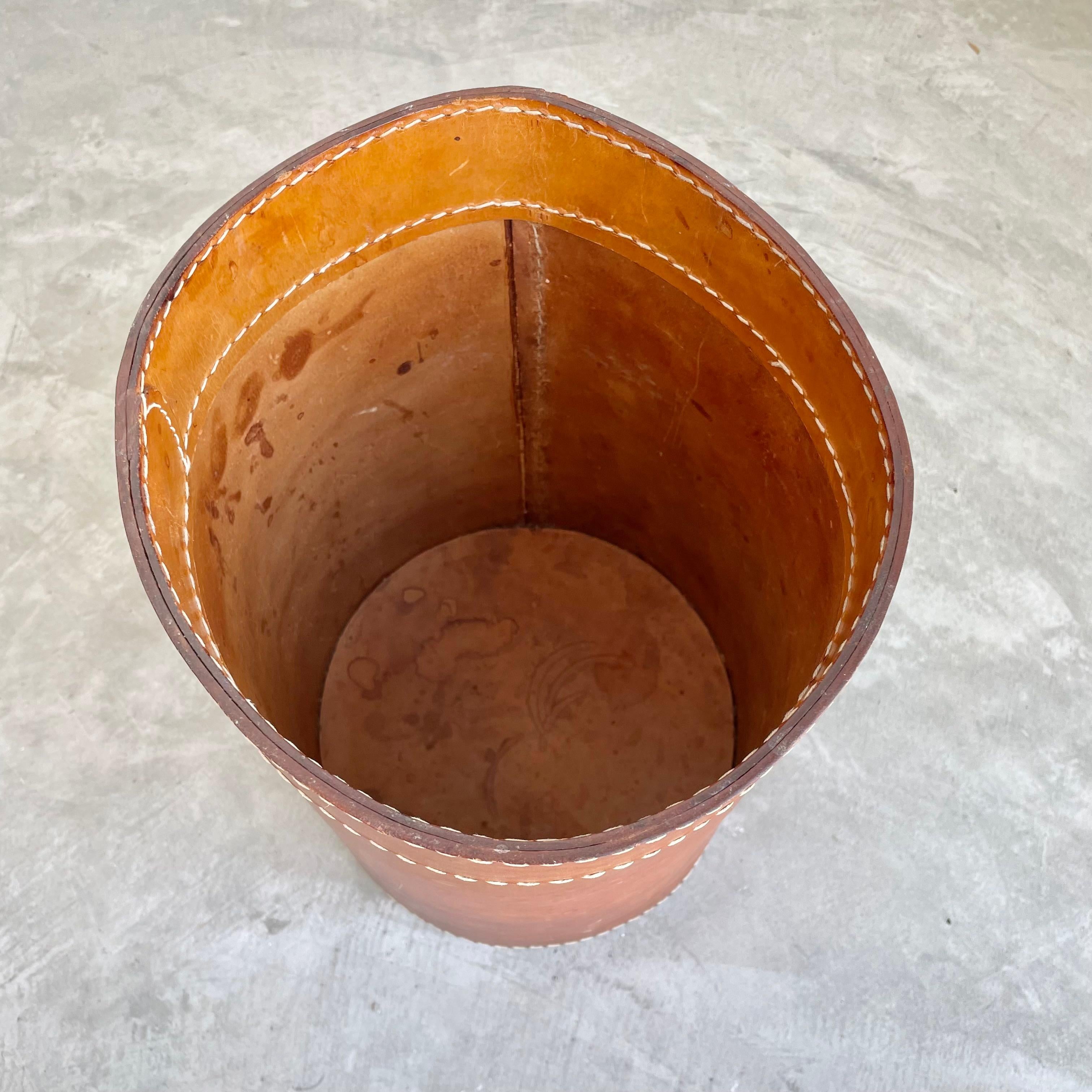Adnet Style Saddle Leather Waste Basket, 1950s France 7