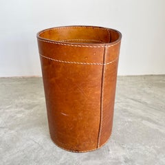 Adnet Style Saddle Leather Waste Basket, 1950s France