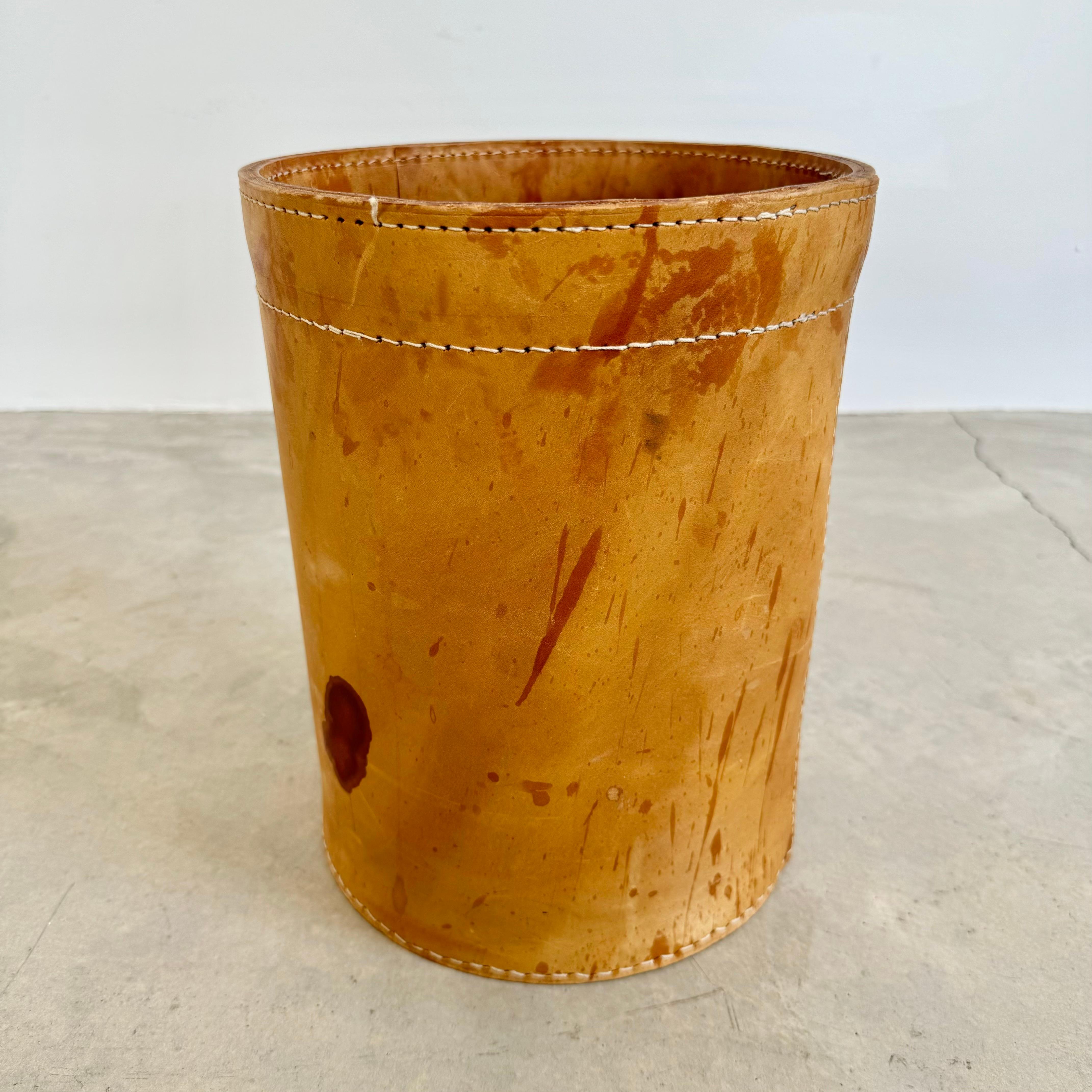 French Adnet Style Saddle Leather Waste Basket, 1950s France For Sale
