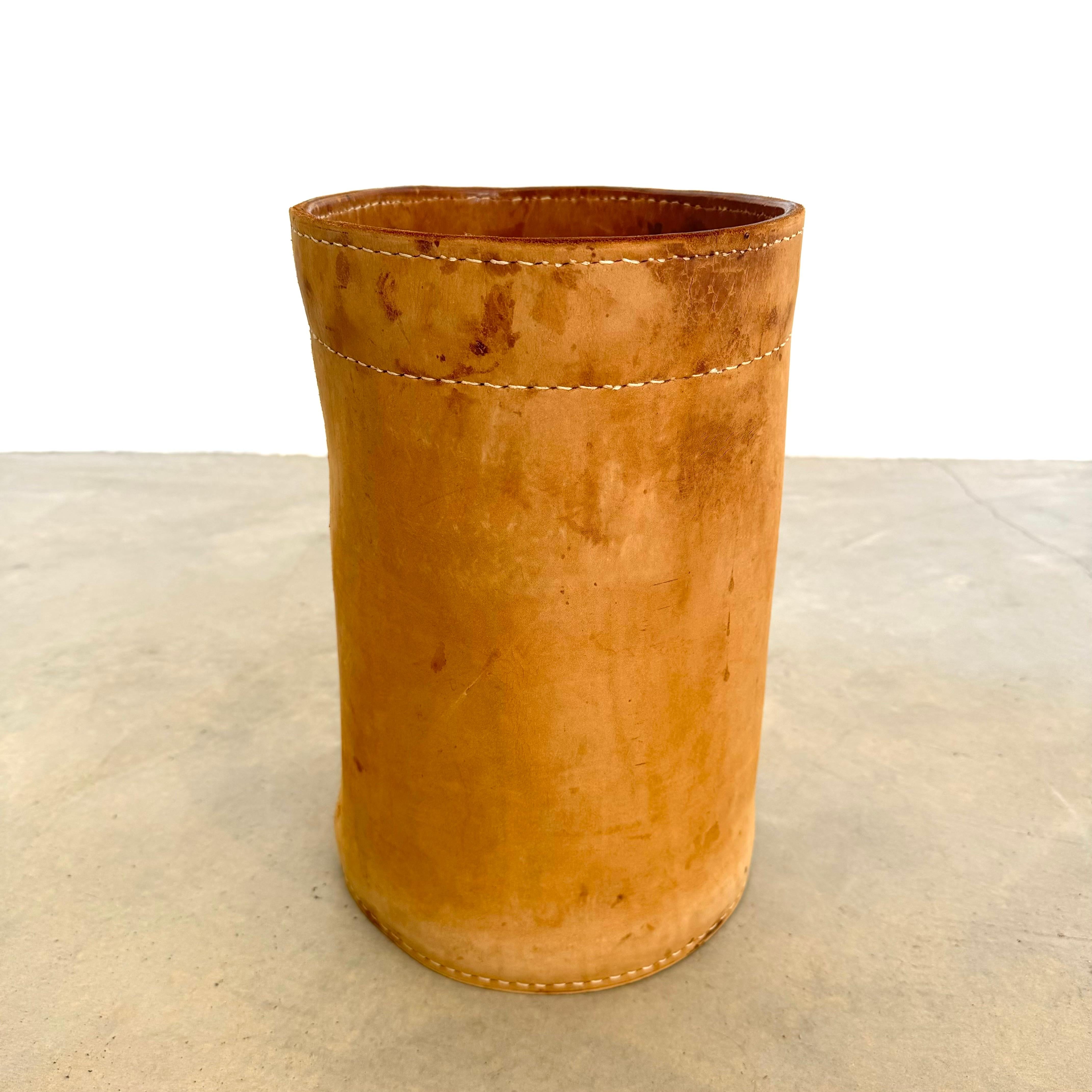 French Adnet Style Saddle Leather Waste Basket, 1950s France For Sale