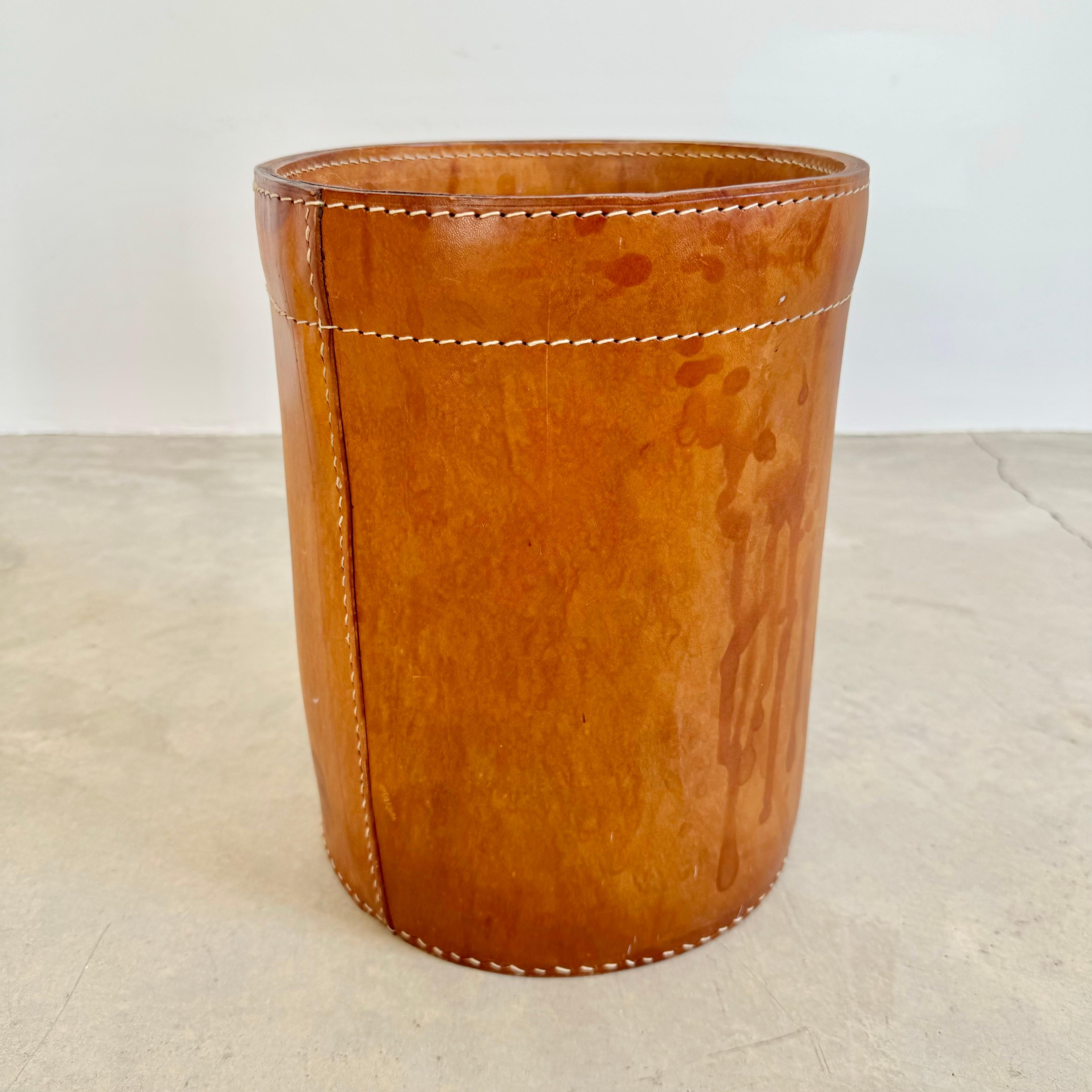 Jacques Adnet Style Saddle Leather Waste Basket, 1950s France For Sale 3