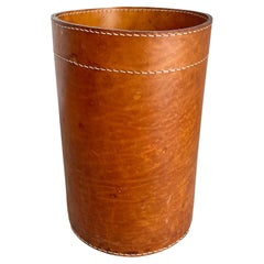 Adnet Style Saddle Leather Waste Basket, 1950s France