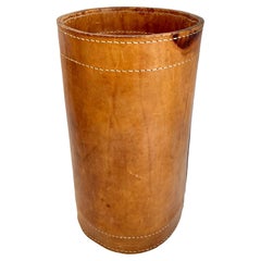 Adnet Style Saddle Leather Waste Basket, 1950s France