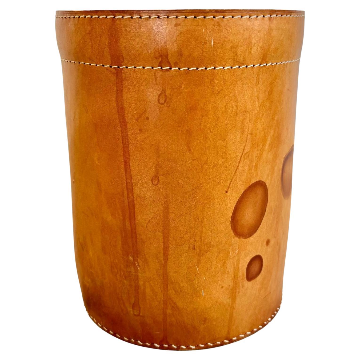 Jacques Adnet Style Saddle Leather Waste Basket, 1950s France For Sale