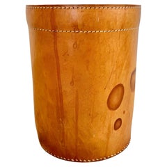 Jacques Adnet Style Saddle Leather Waste Basket, 1950s France