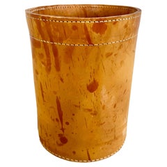 Adnet Style Saddle Leather Waste Basket, 1950s France