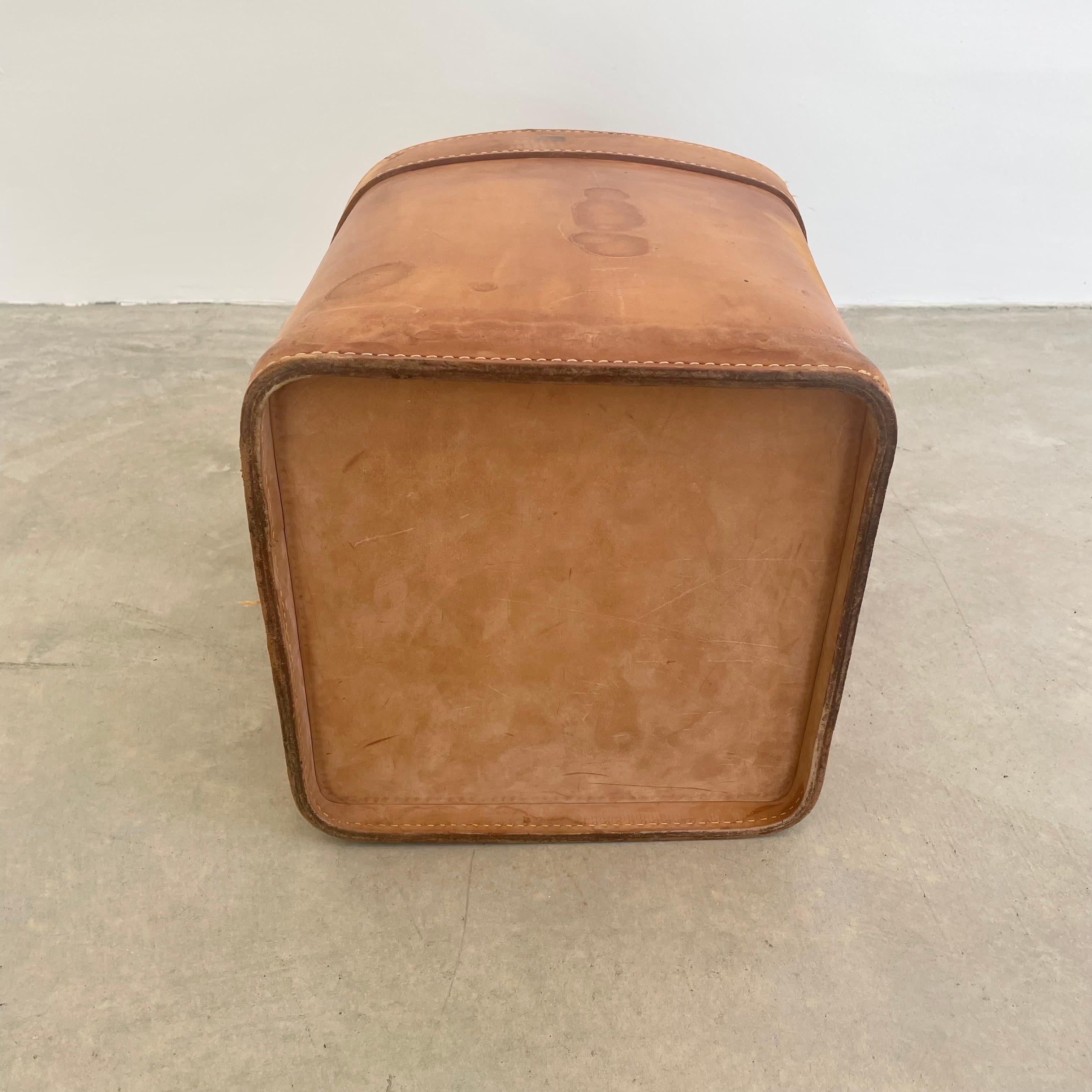 Adnet Style Saddle Leather Waste Basket, 1960s France In Good Condition In Los Angeles, CA